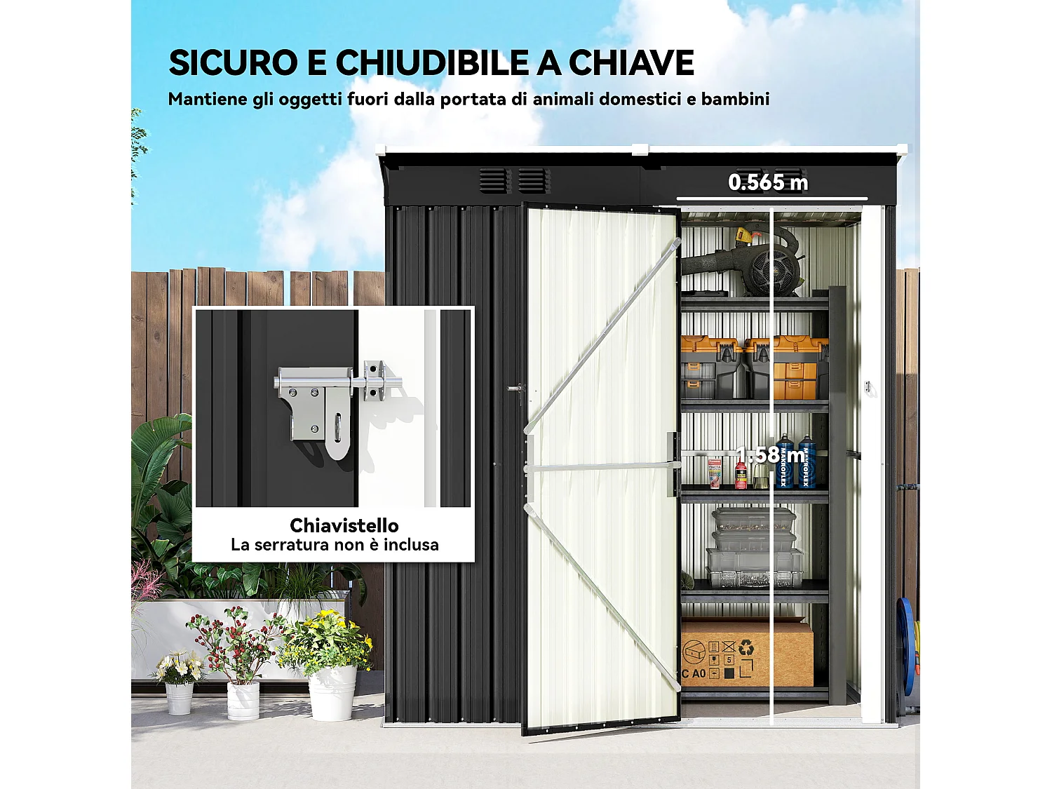 Capanno da giardino con porta chiudibile in metallo grigio scuro