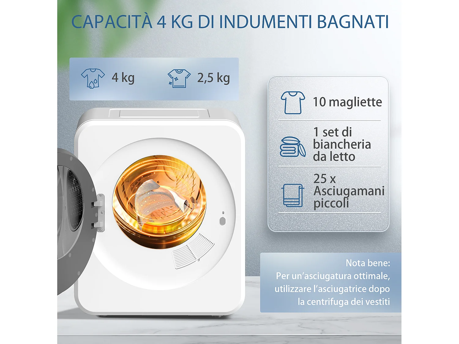Asciugatrice vented 800w con timer acciaio bianca