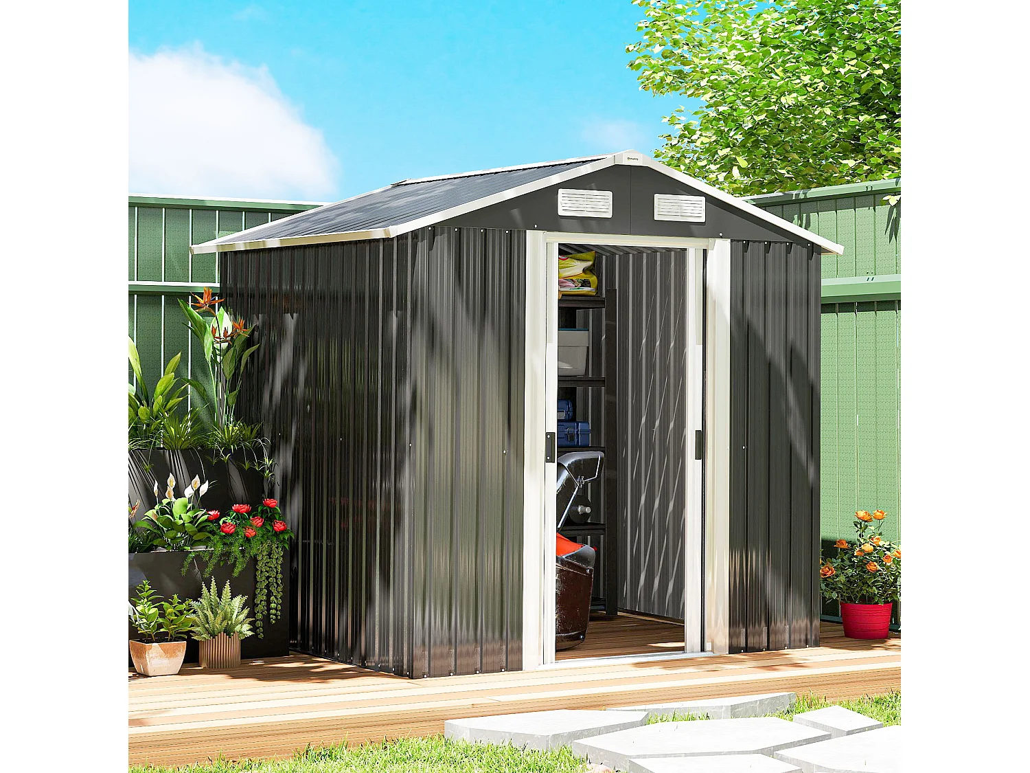 Capanno da giardino con 2 porte scorrevoli in acciaio nero