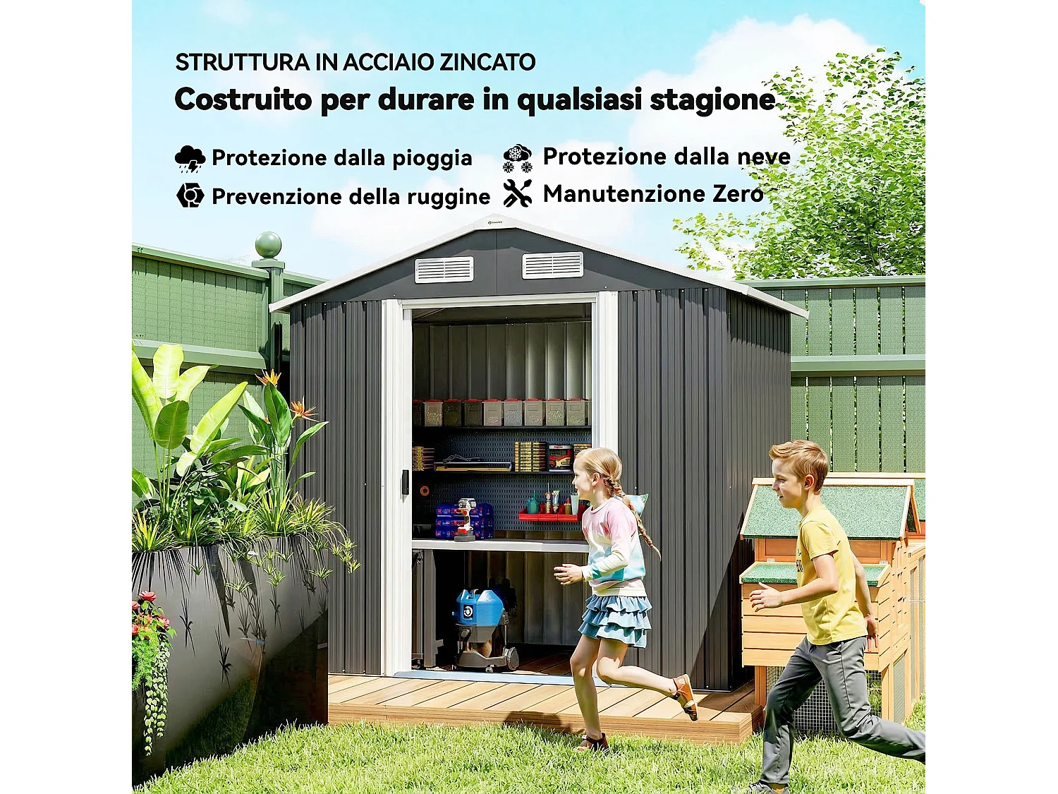 Capanno da giardino con 2 porte scorrevoli in acciaio nero