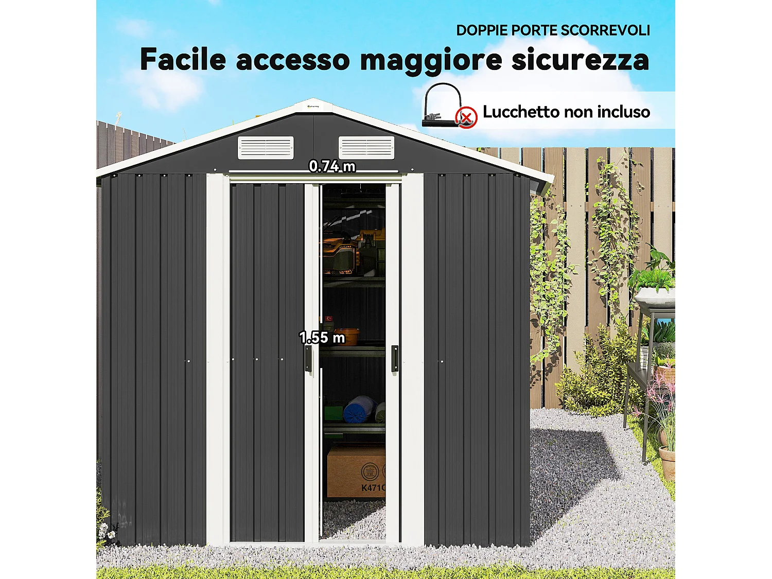 Capanno da giardino con 2 porte scorrevoli in acciaio nero