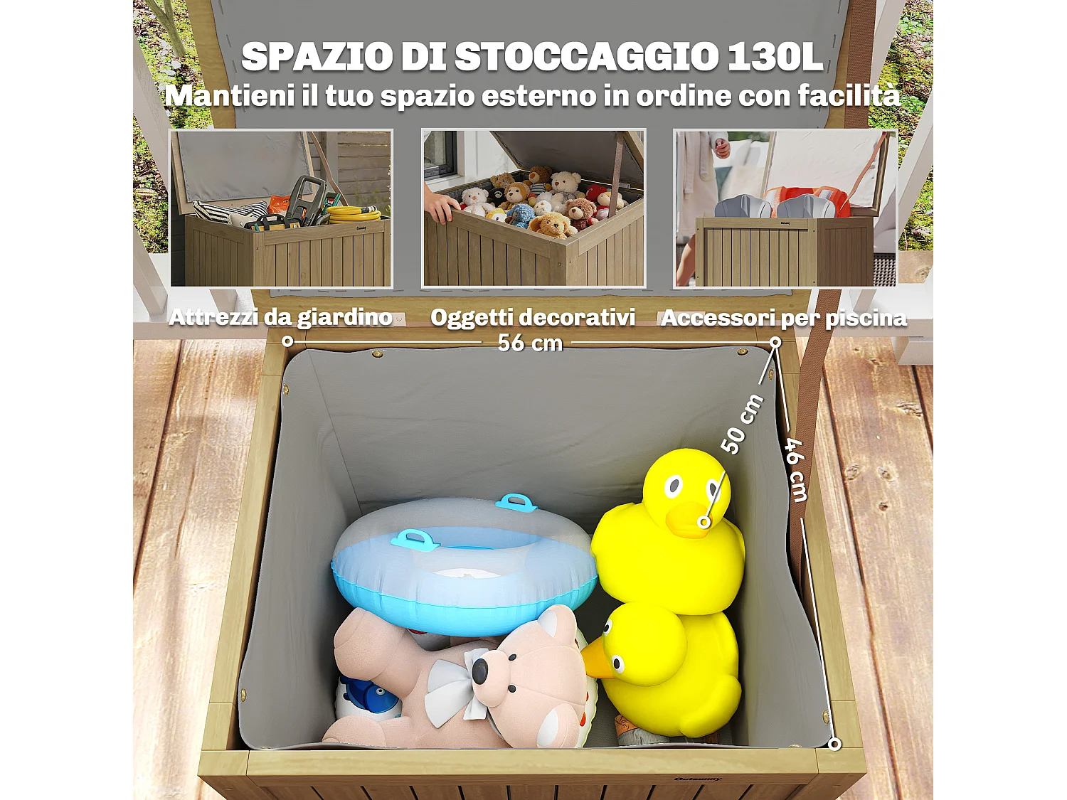 Cassapanca da esterno da 130l in legno marrone