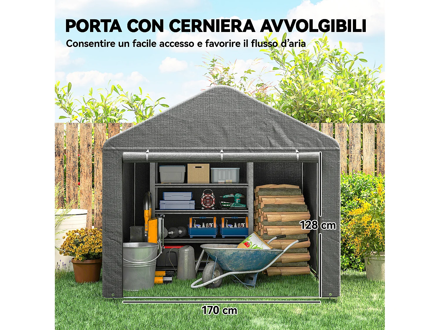 Capanno da giardino 2x2.4 m impermeabile con porta avvolgibile grigio