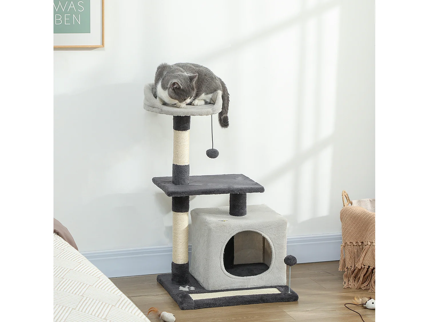 Albero tiragraffi per gatti alto 85cm con casetta e lettino grigio