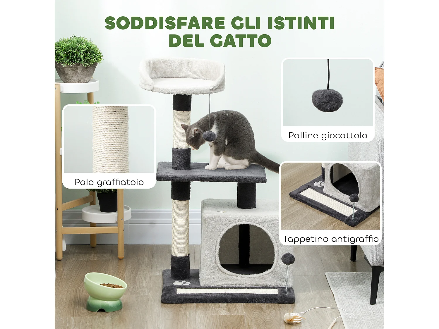 Albero tiragraffi per gatti alto 85cm con casetta e lettino grigio