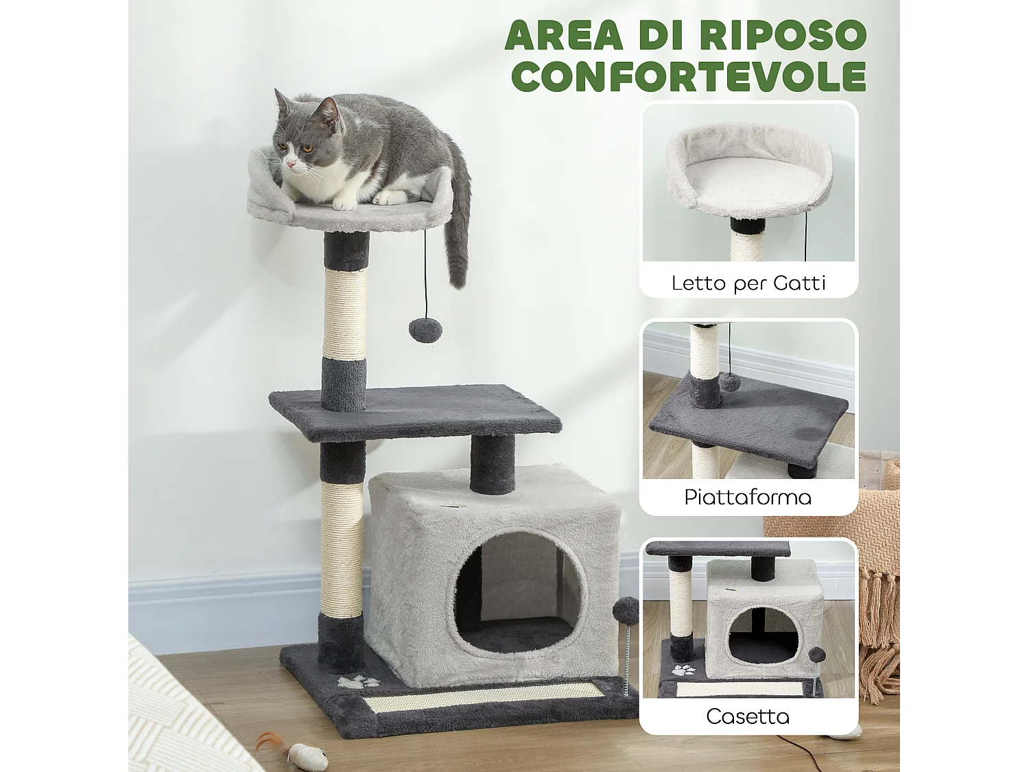 Albero tiragraffi per gatti alto 85cm con casetta e lettino grigio