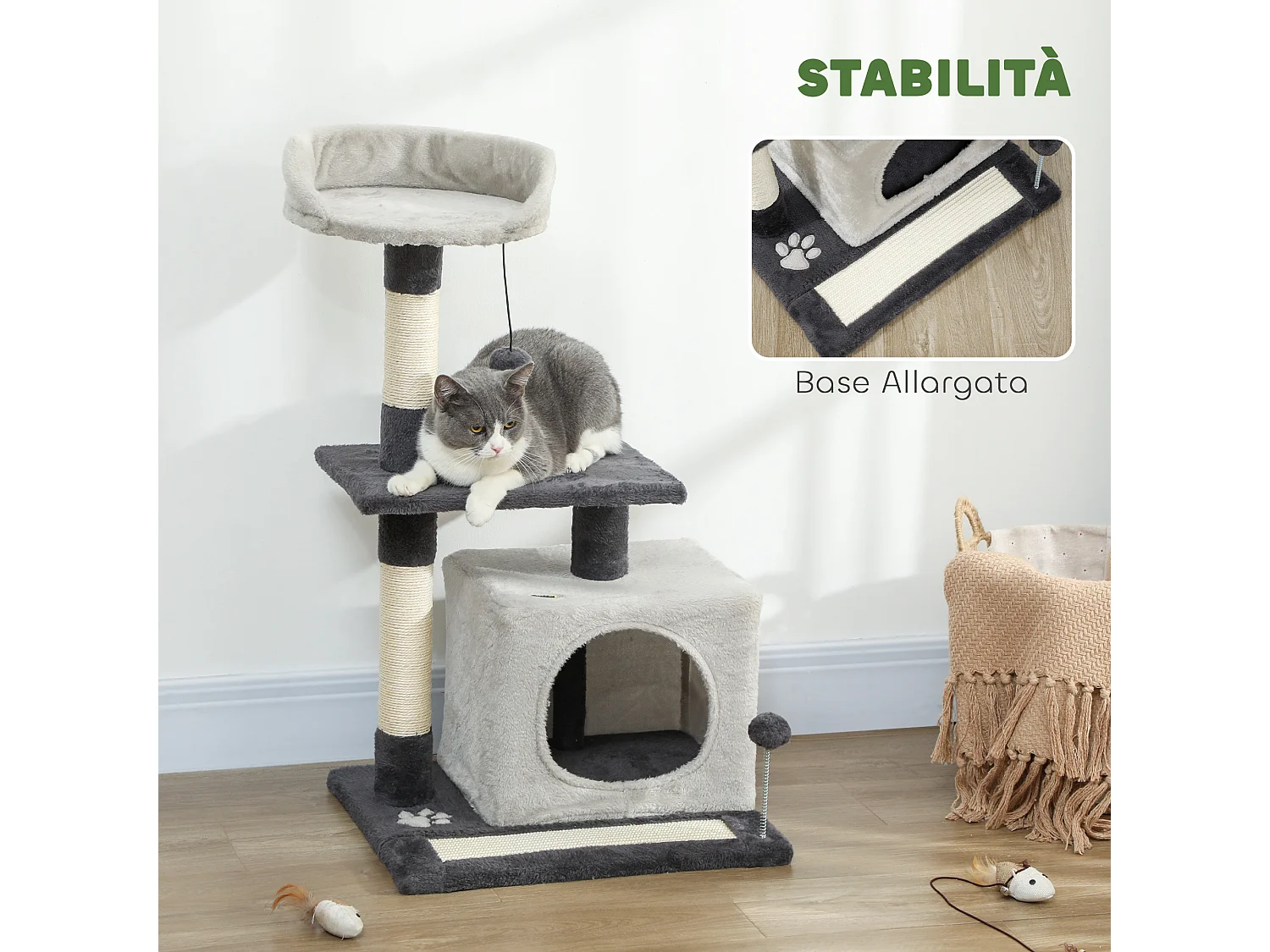 Albero tiragraffi per gatti alto 85cm con casetta e lettino grigio
