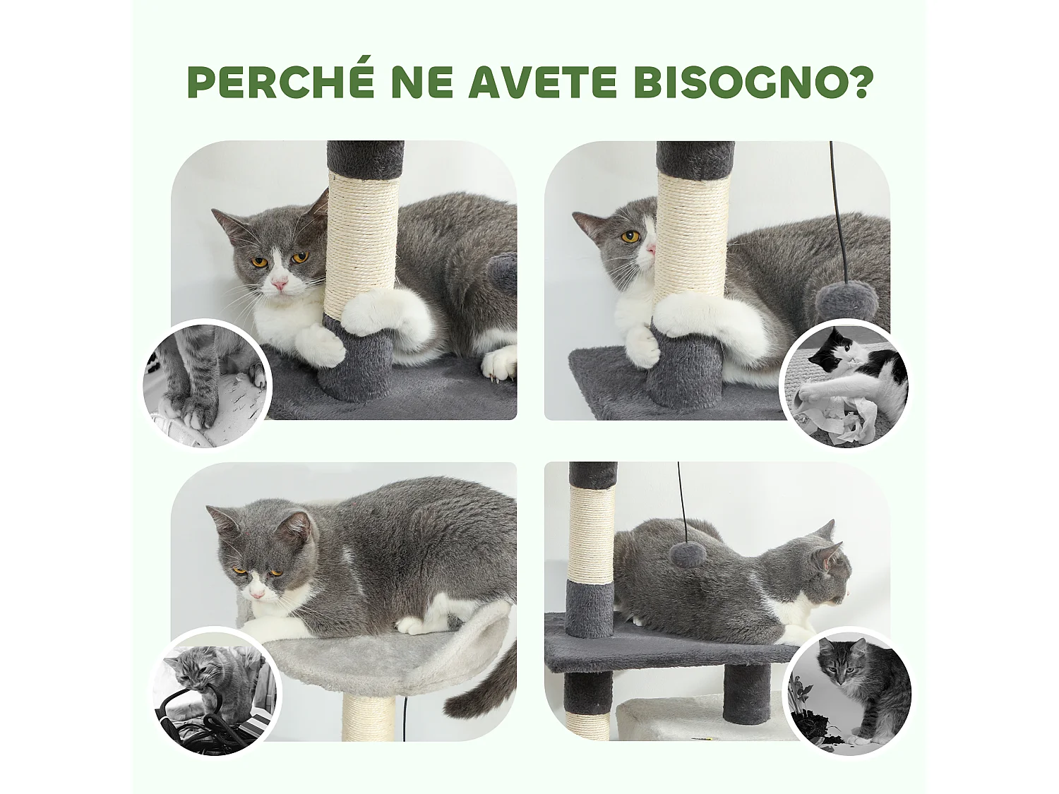 Albero tiragraffi per gatti alto 85cm con casetta e lettino grigio