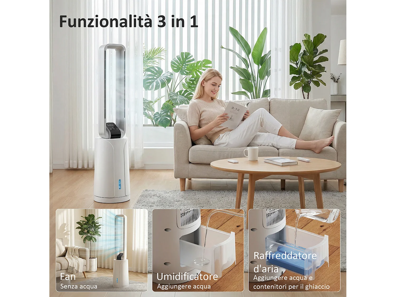 Raffrescatore evaporativo con timer 15h in plastica bianco