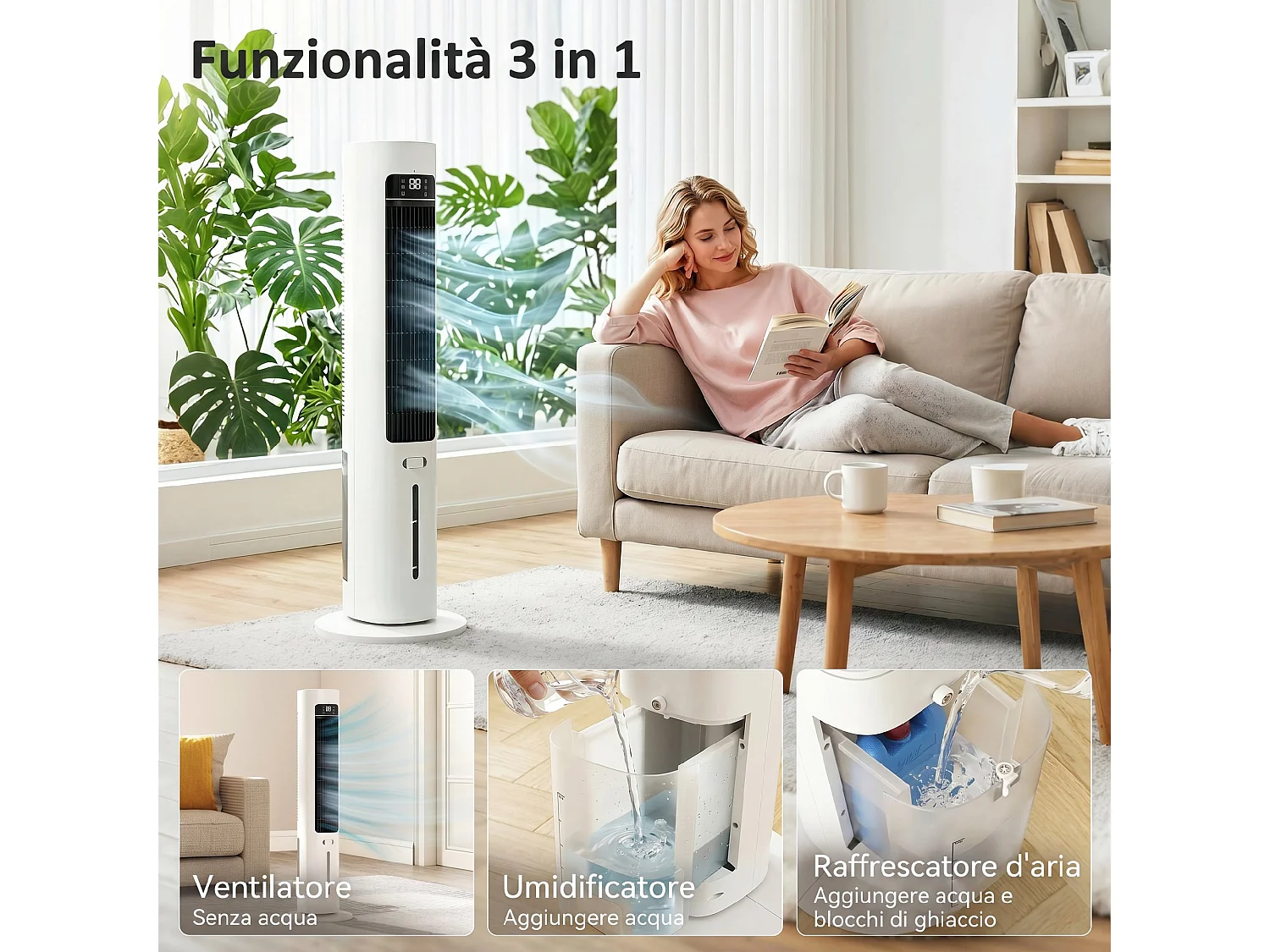 Raffrescatore d'aria a torre 3-in-1 portatile bianco