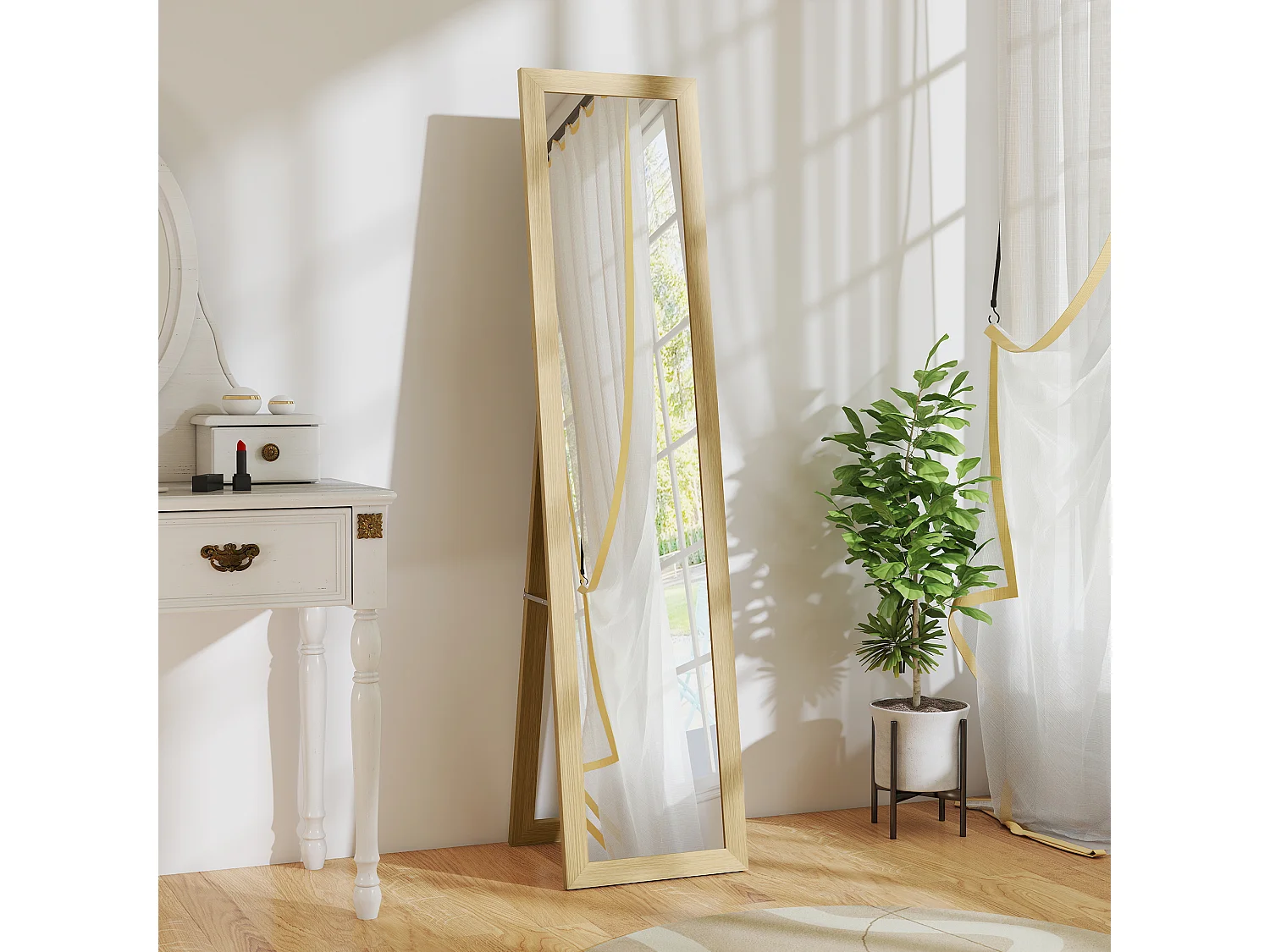 Specchio con cornice in mdf con piedini e ganci color quercia