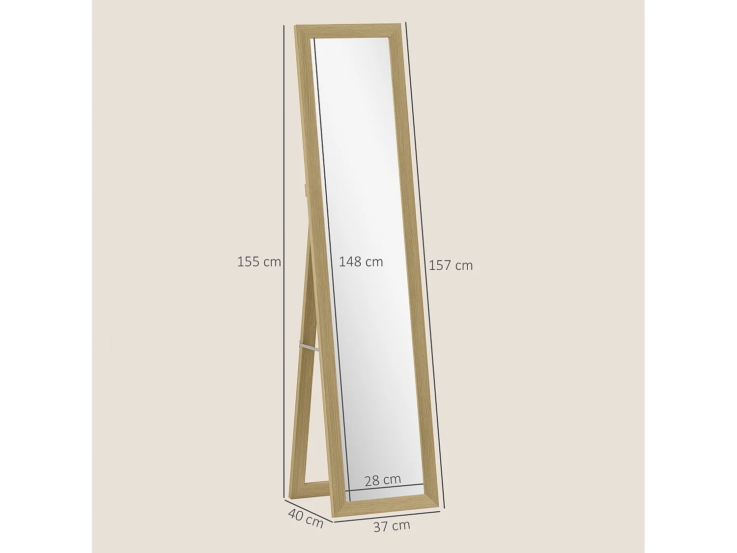 Specchio con cornice in mdf con piedini e ganci color quercia