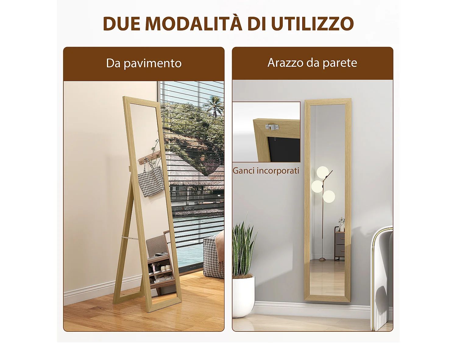 Specchio con cornice in mdf con piedini e ganci color quercia