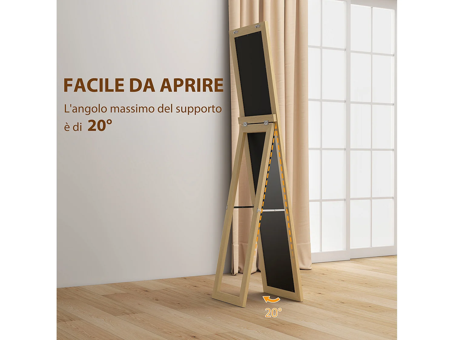 Specchio con cornice in mdf con piedini e ganci color quercia