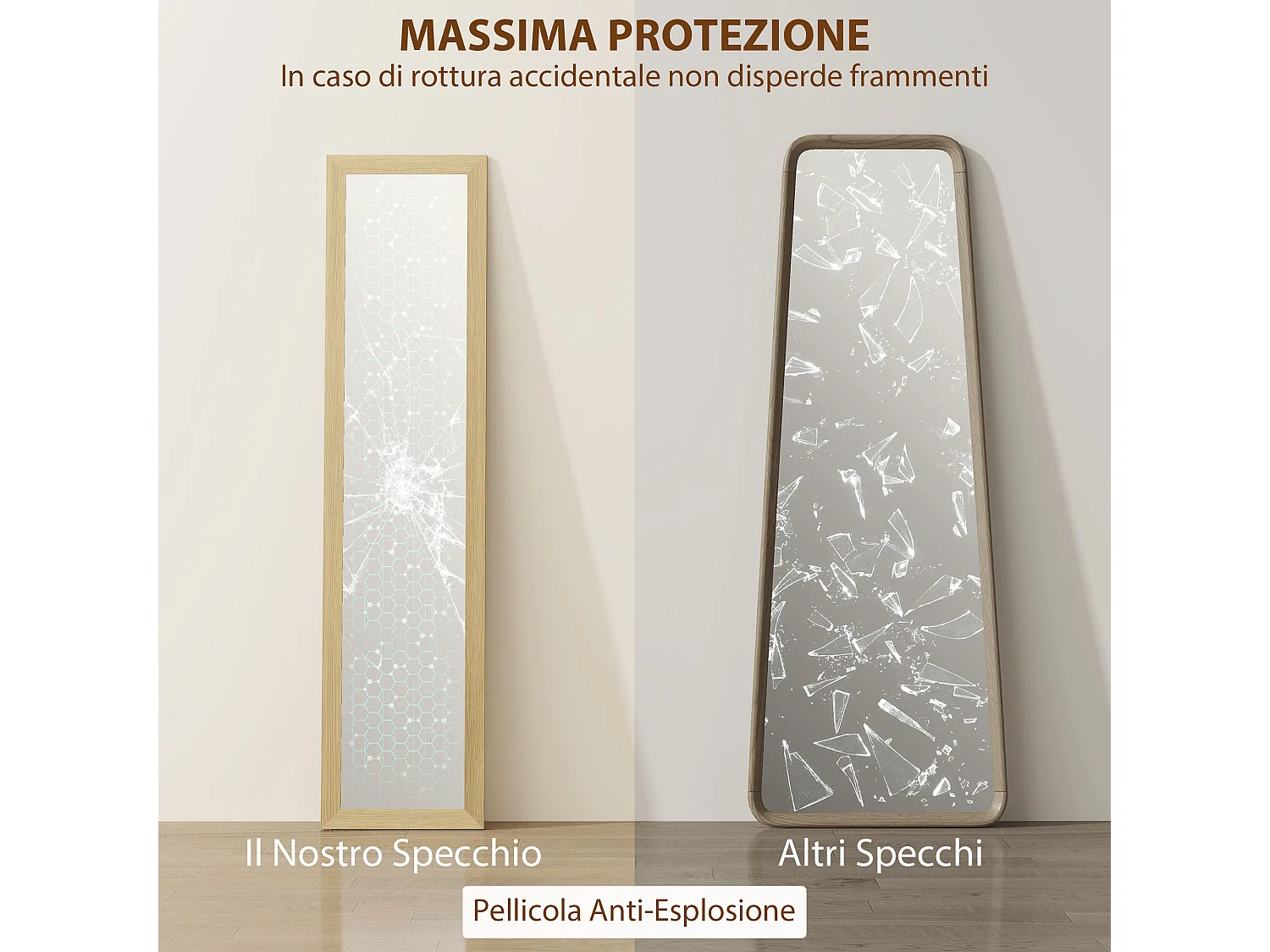 Specchio con cornice in mdf con piedini e ganci color quercia