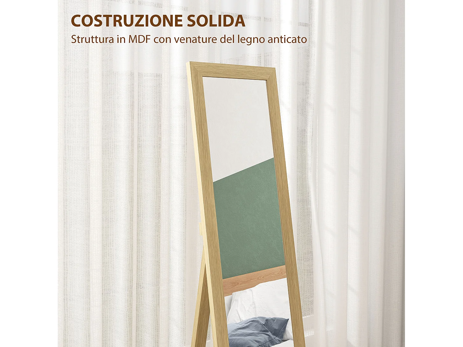 Specchio con cornice in mdf con piedini e ganci color quercia