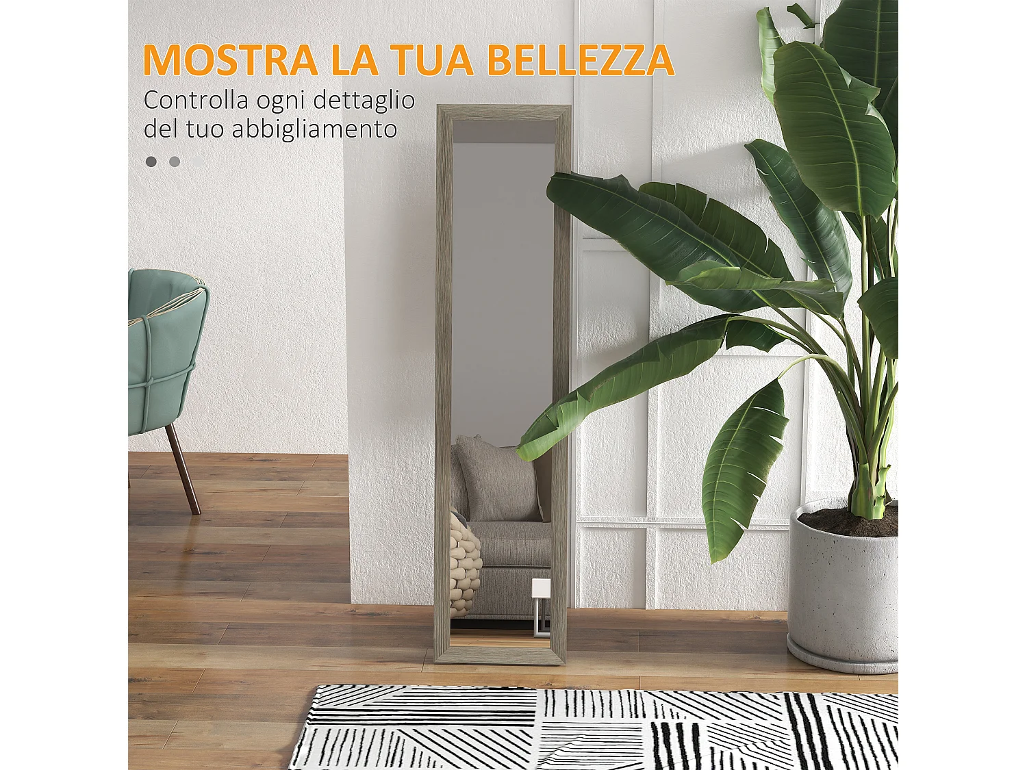 Specchio da terra moderno con cornice e supporto grigio