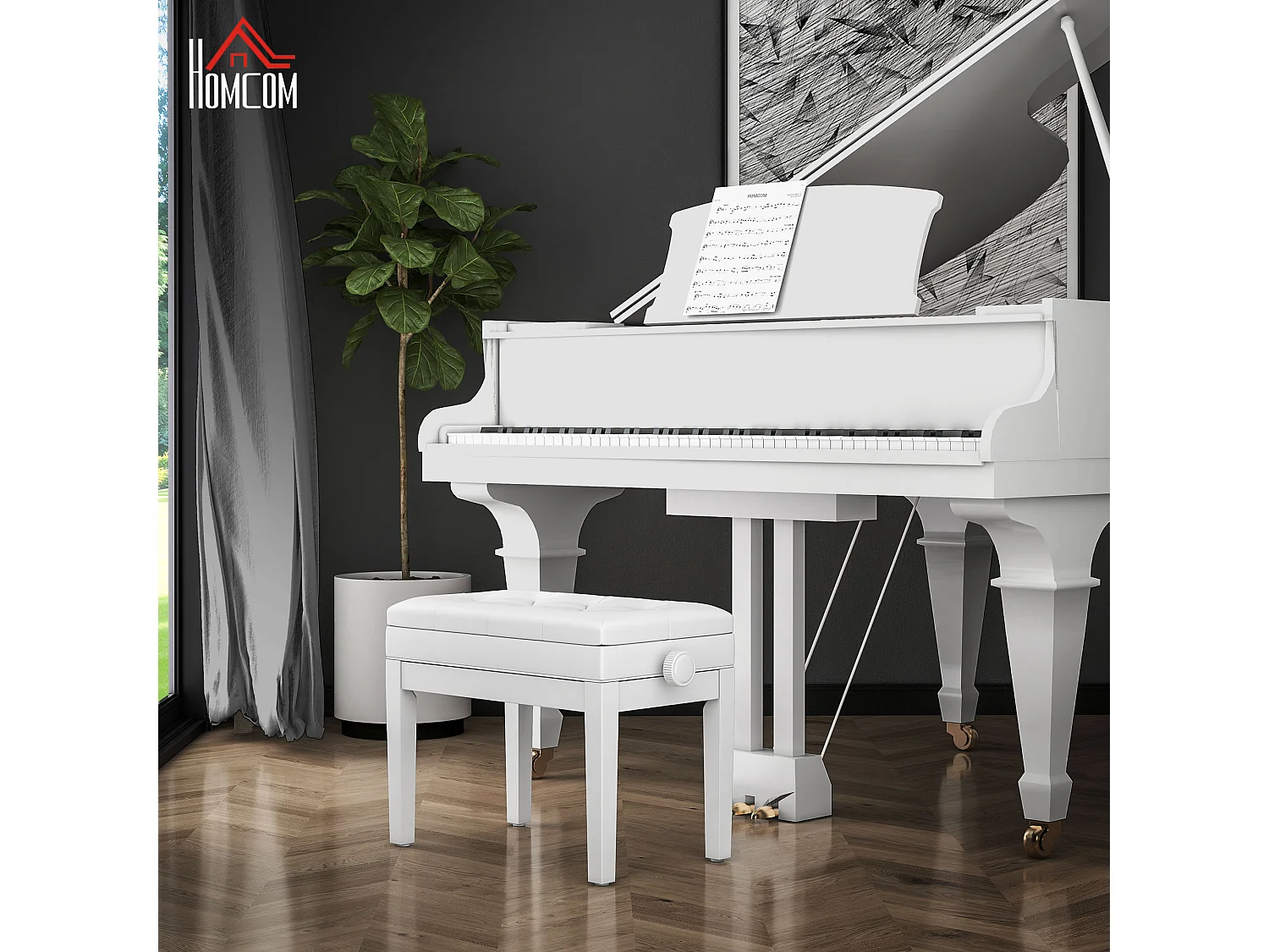 Sgabello pianoforte regolabile e imbottita in legno e pelle bianca