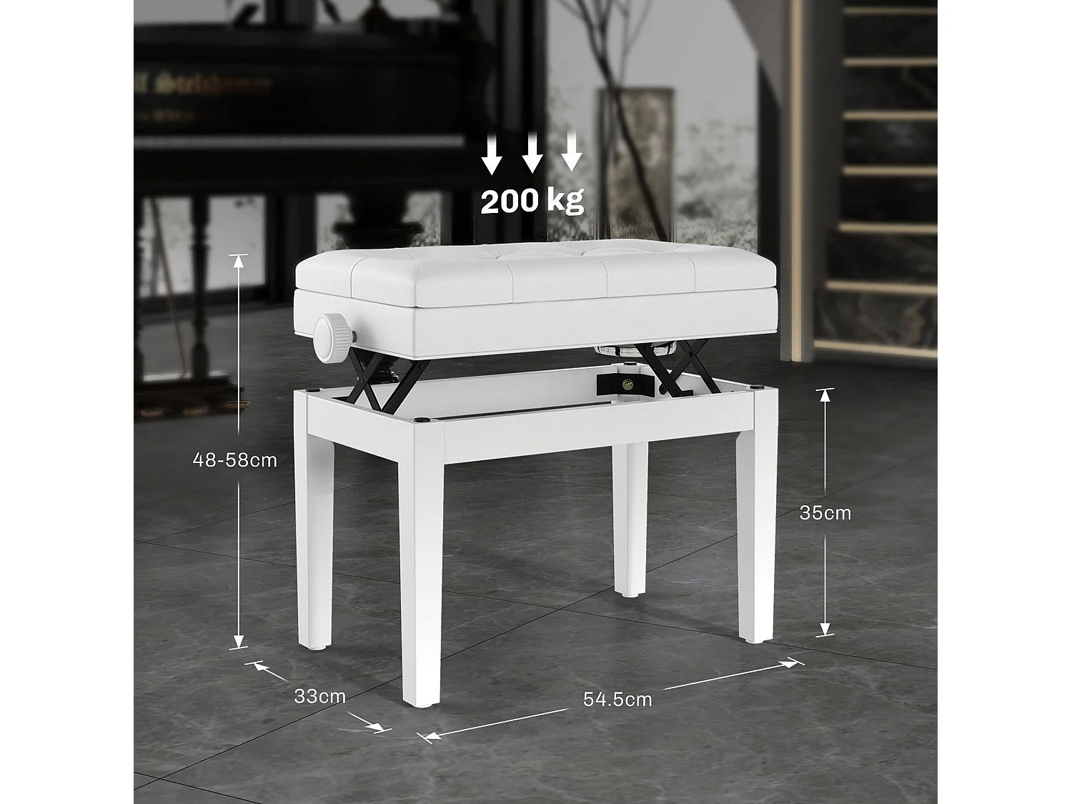 Sgabello pianoforte regolabile e imbottita in legno e pelle bianca