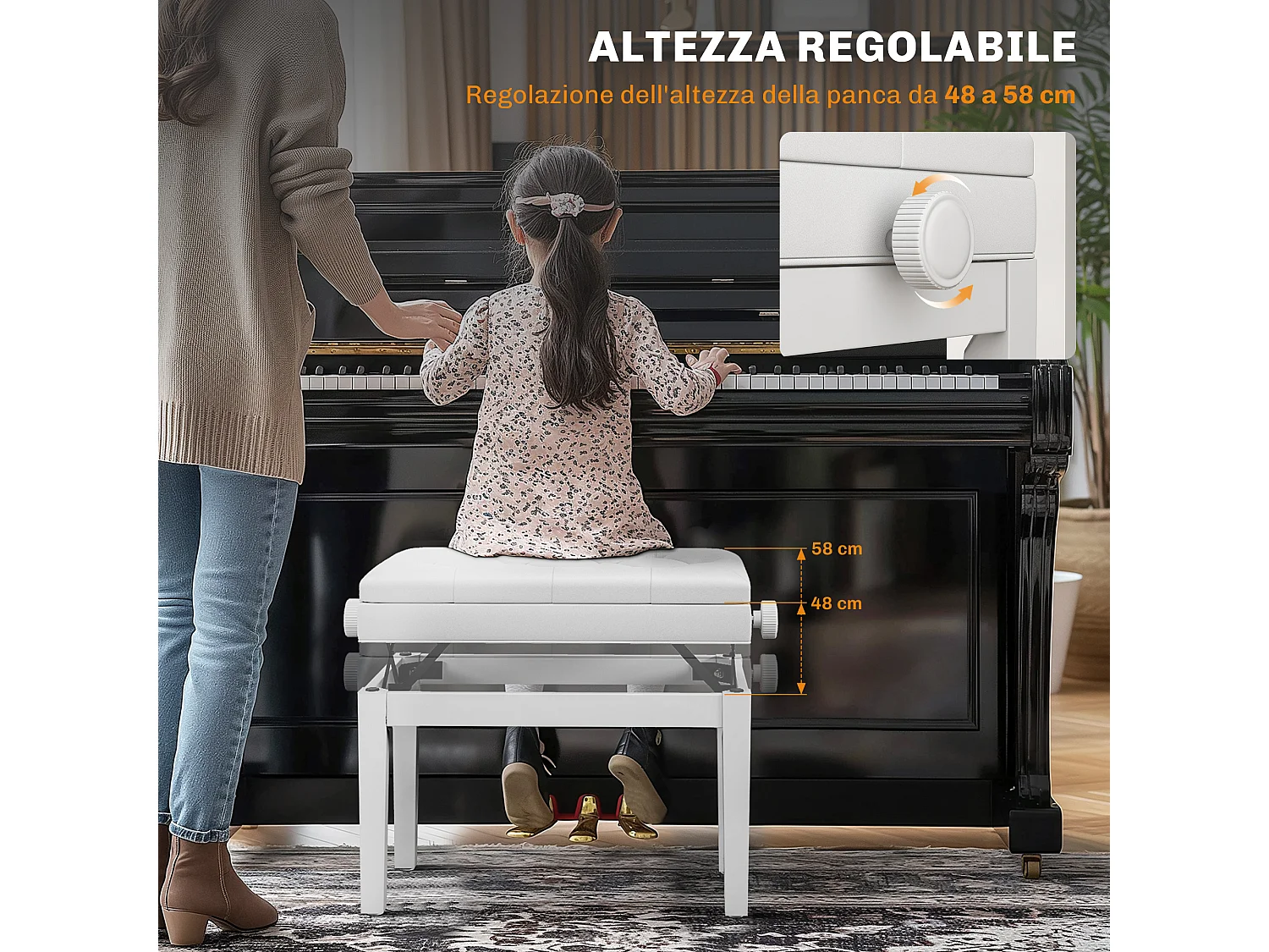 Sgabello pianoforte regolabile e imbottita in legno e pelle bianca