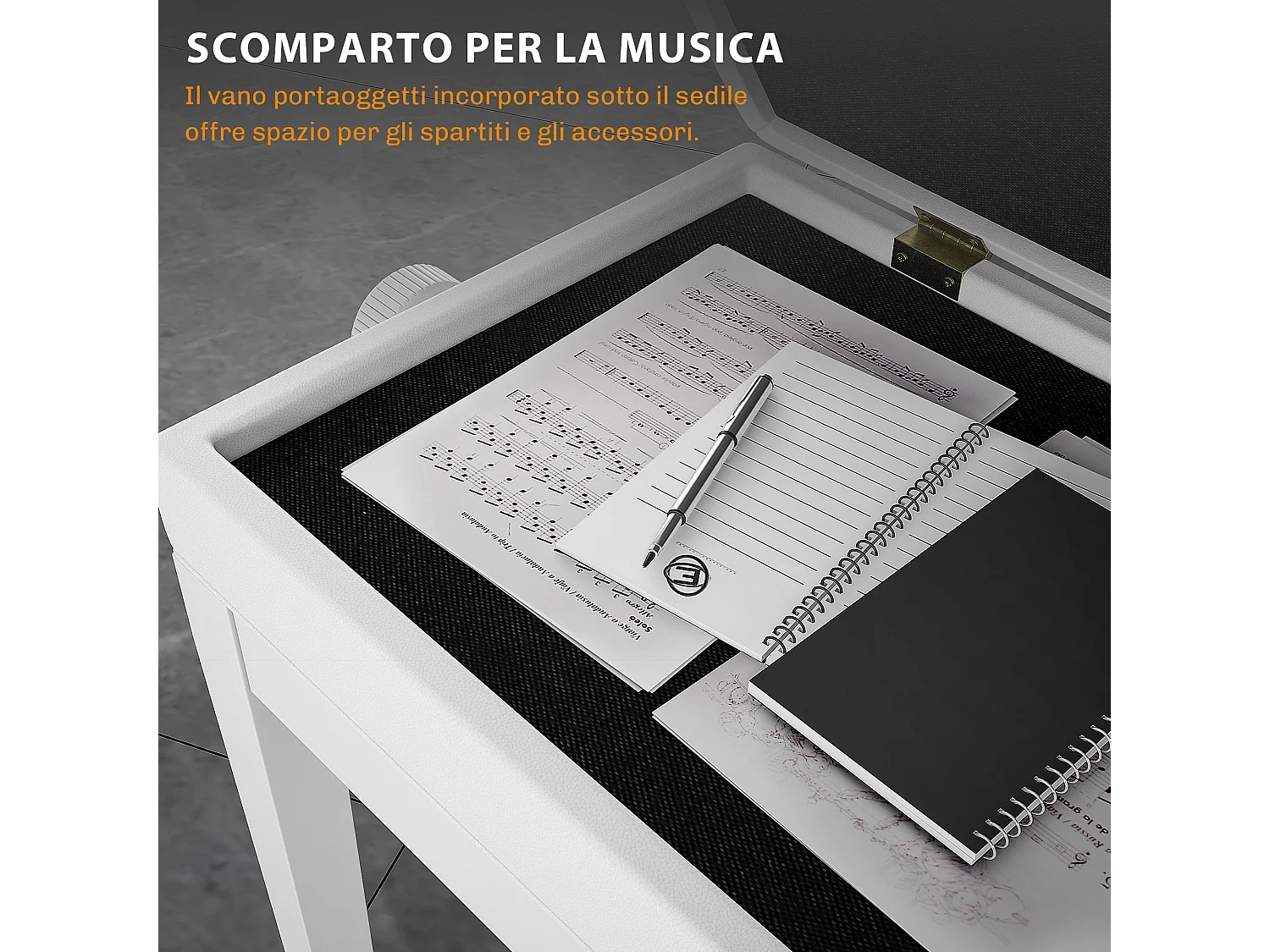 Sgabello pianoforte regolabile e imbottita in legno e pelle bianca