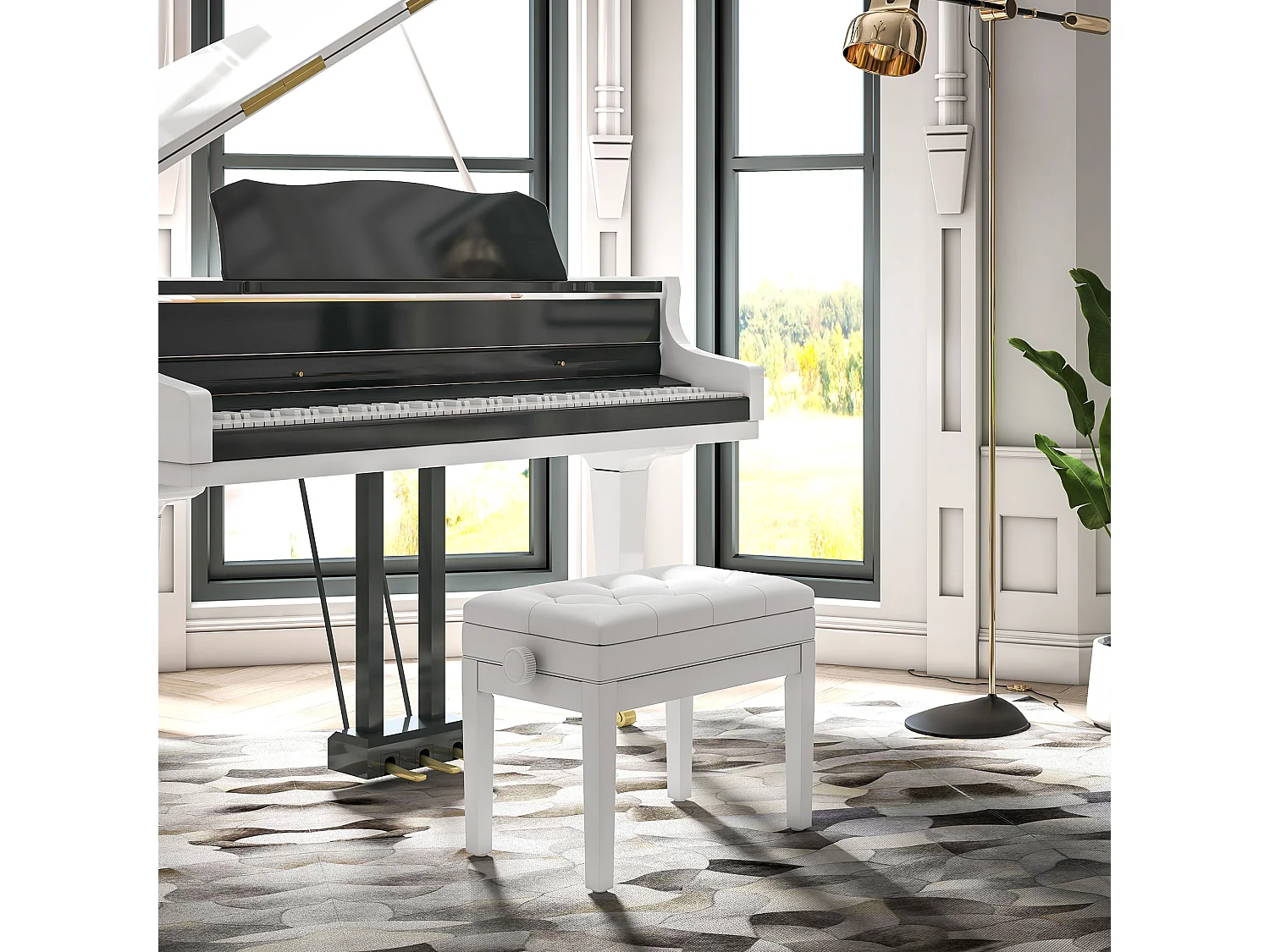 Sgabello pianoforte regolabile e imbottita in legno e pelle bianca