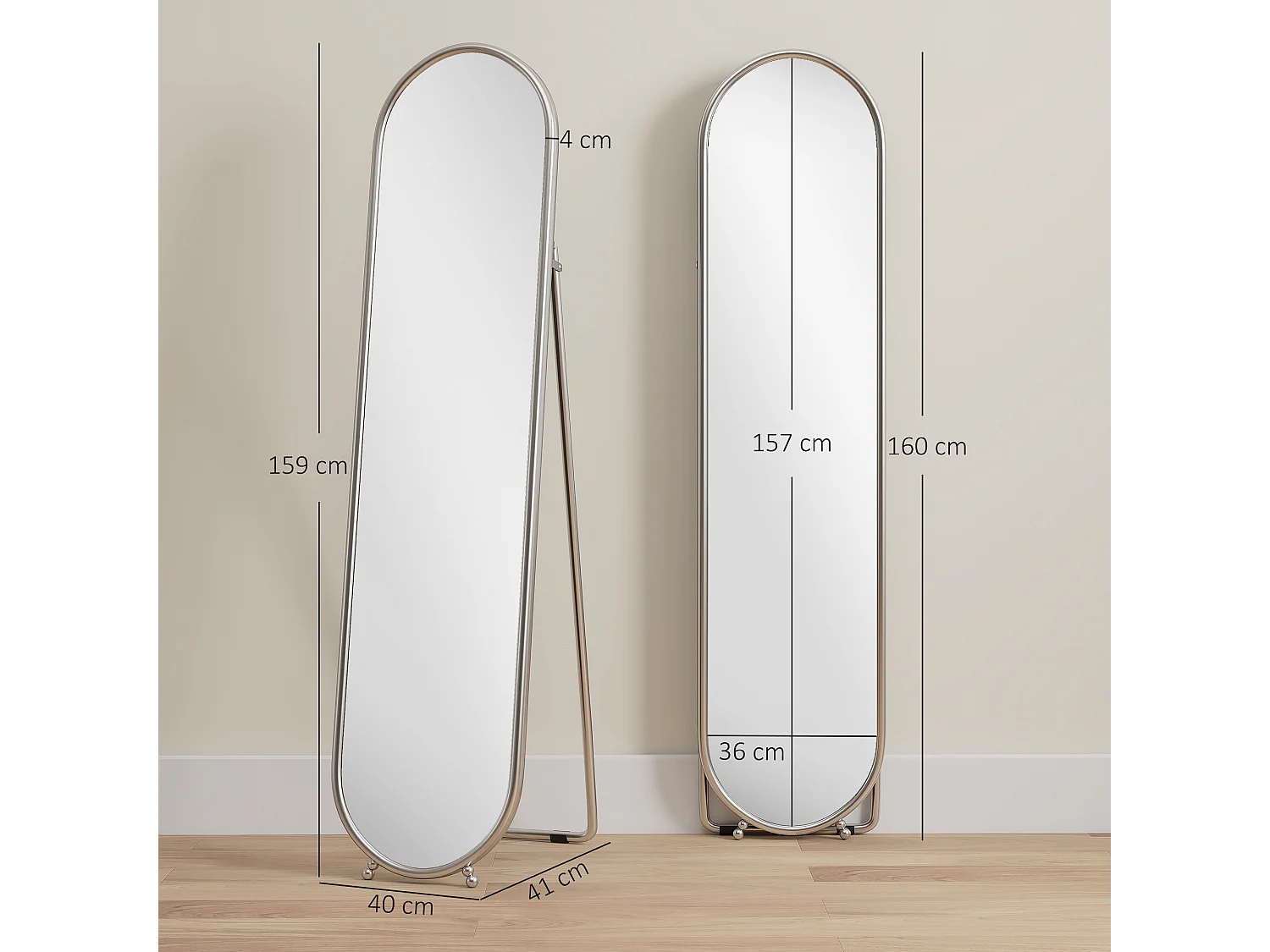 Specchio verticale da terra con supporto 40x4x160 cm argento