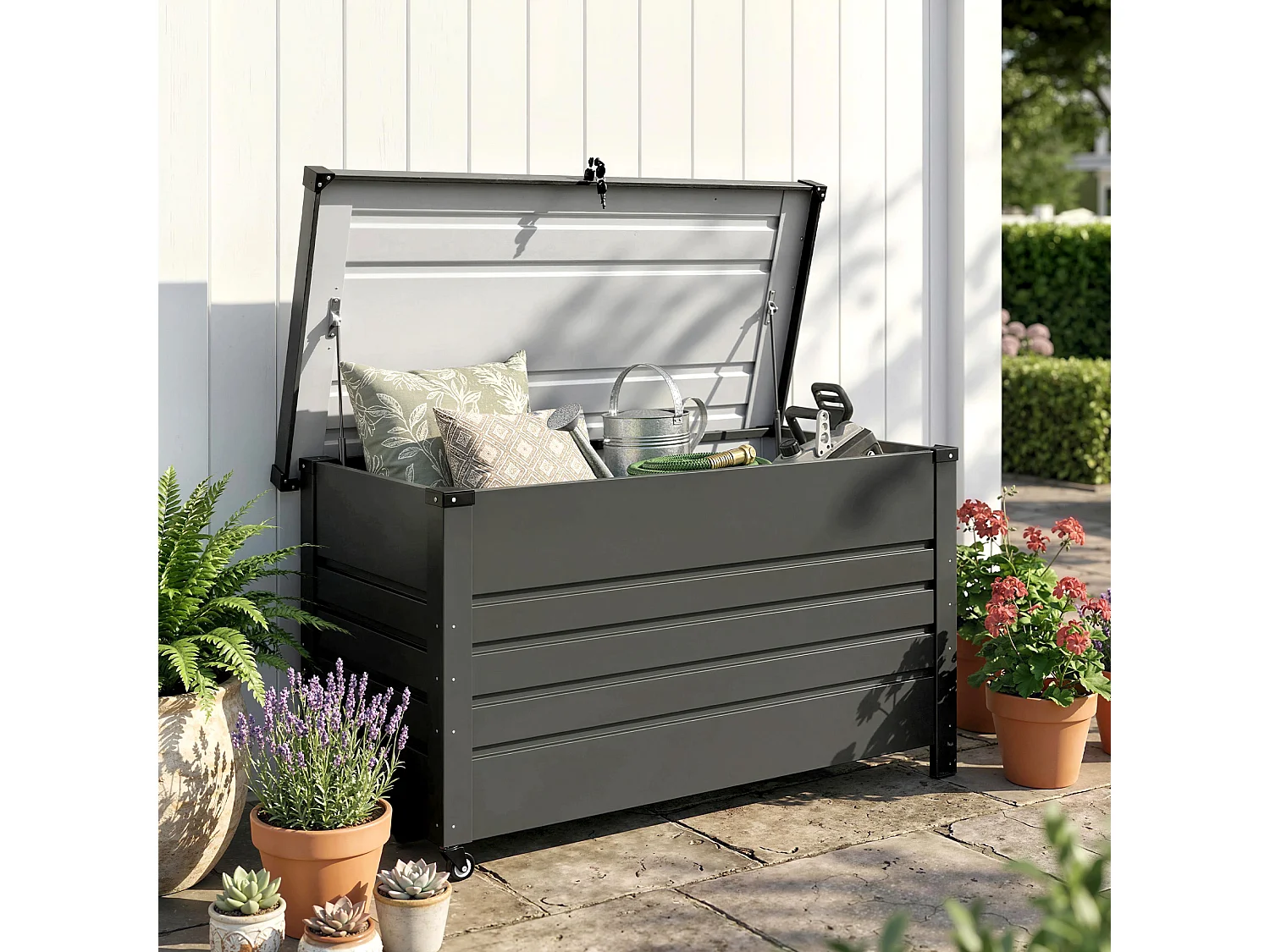 Cassa da esterno con coperchio bloccabile in metallo grigio