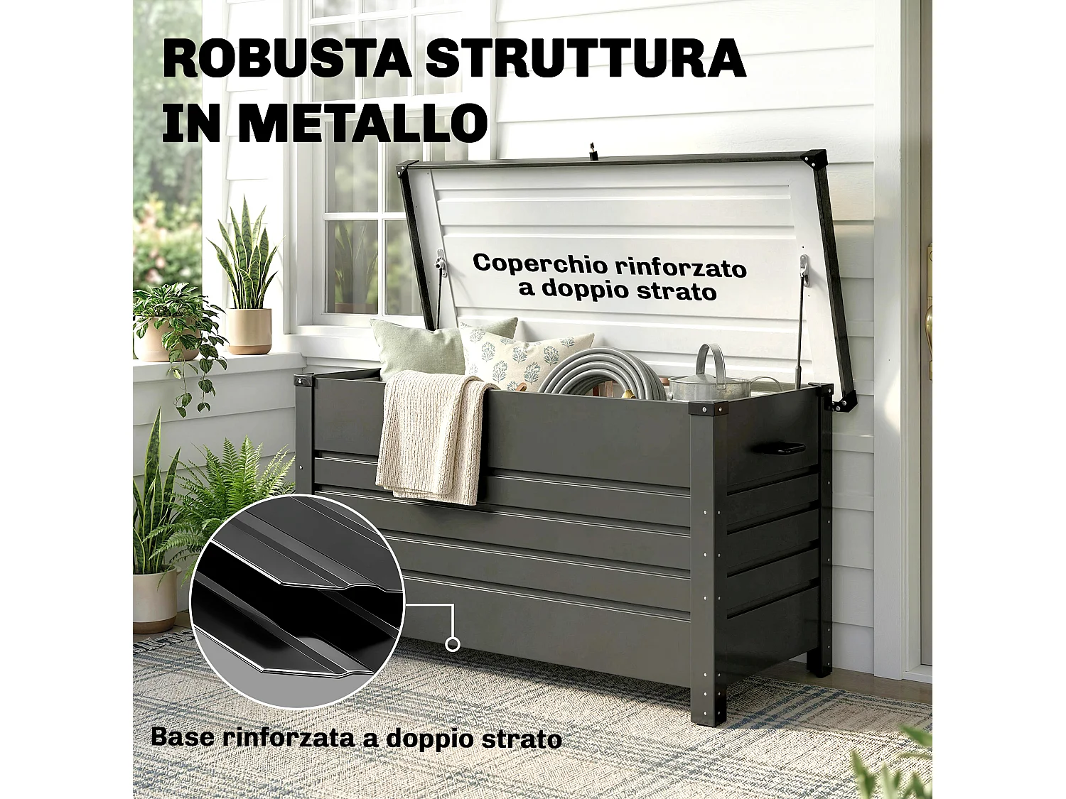 Cassa da esterno con coperchio bloccabile in metallo grigio