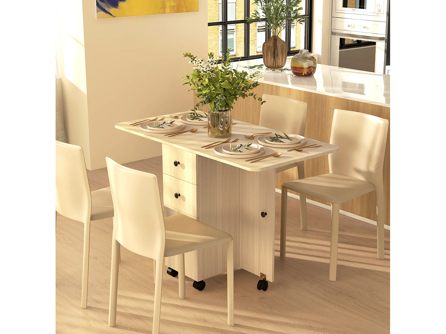 Tavolo pieghevole con 2 cassetti e armadietto color legno