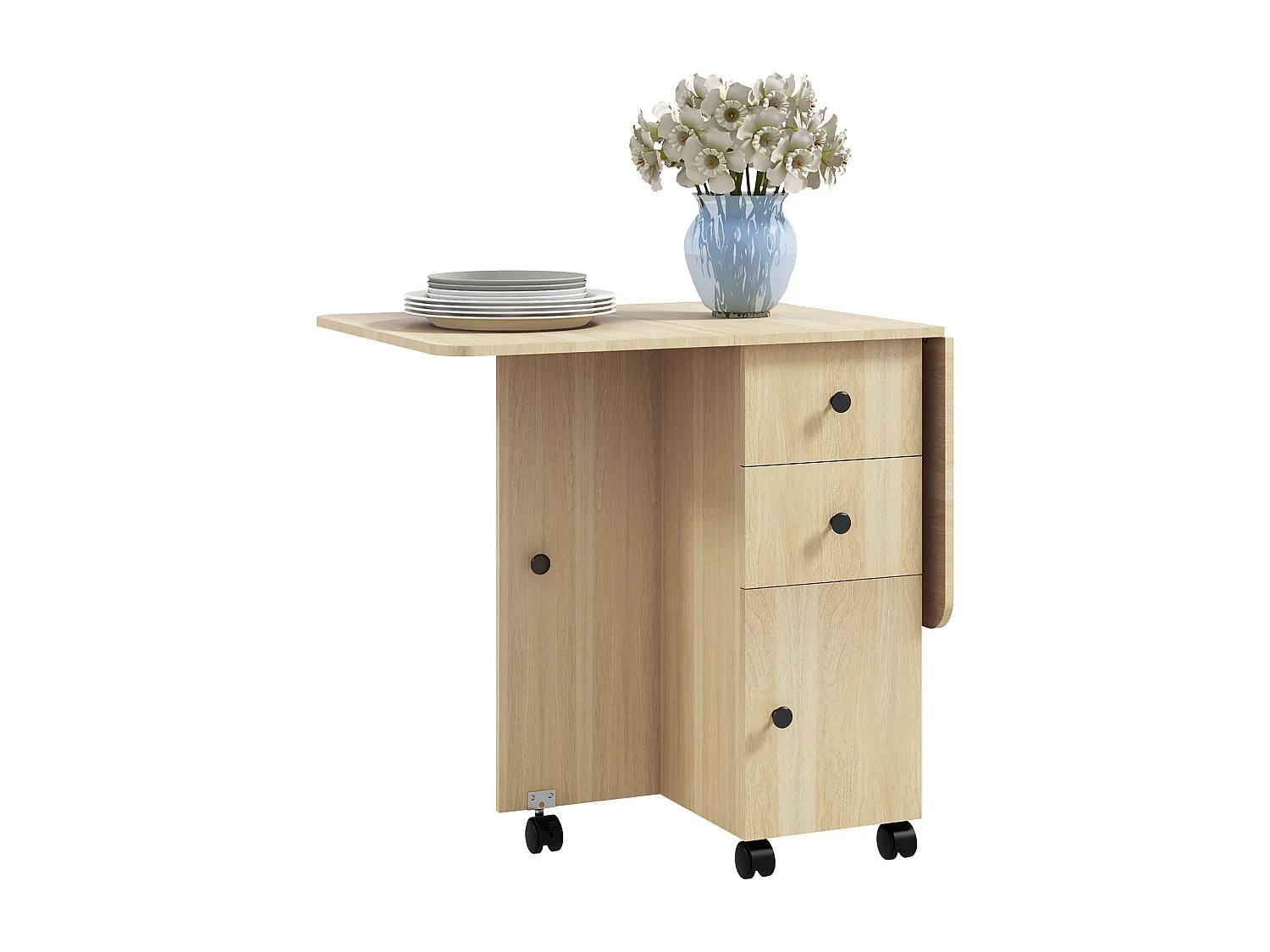 Tavolo pieghevole con 2 cassetti e armadietto color legno