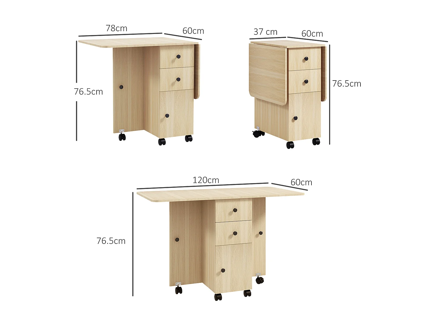 Tavolo pieghevole con 2 cassetti e armadietto color legno