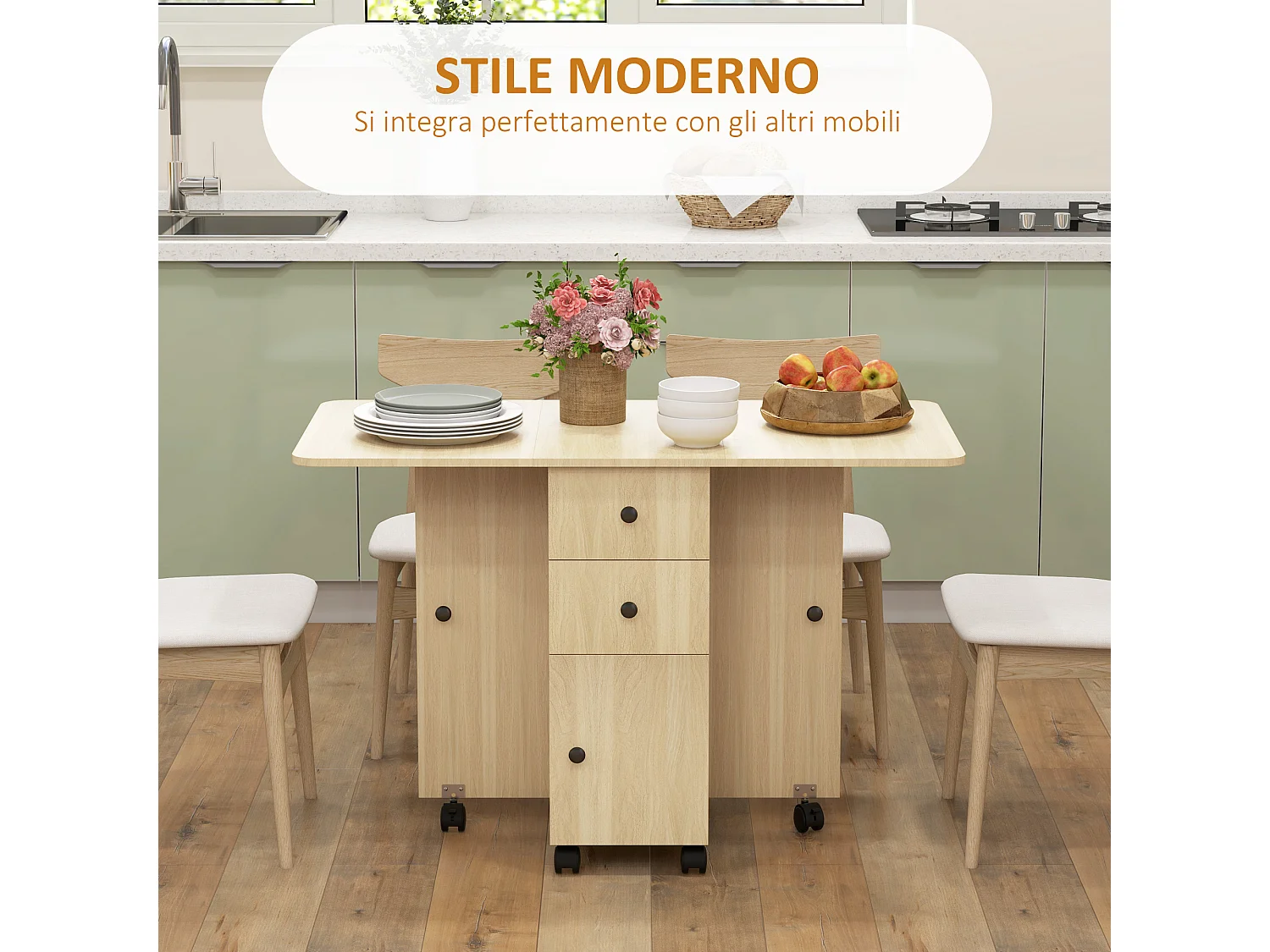 Tavolo pieghevole con 2 cassetti e armadietto color legno