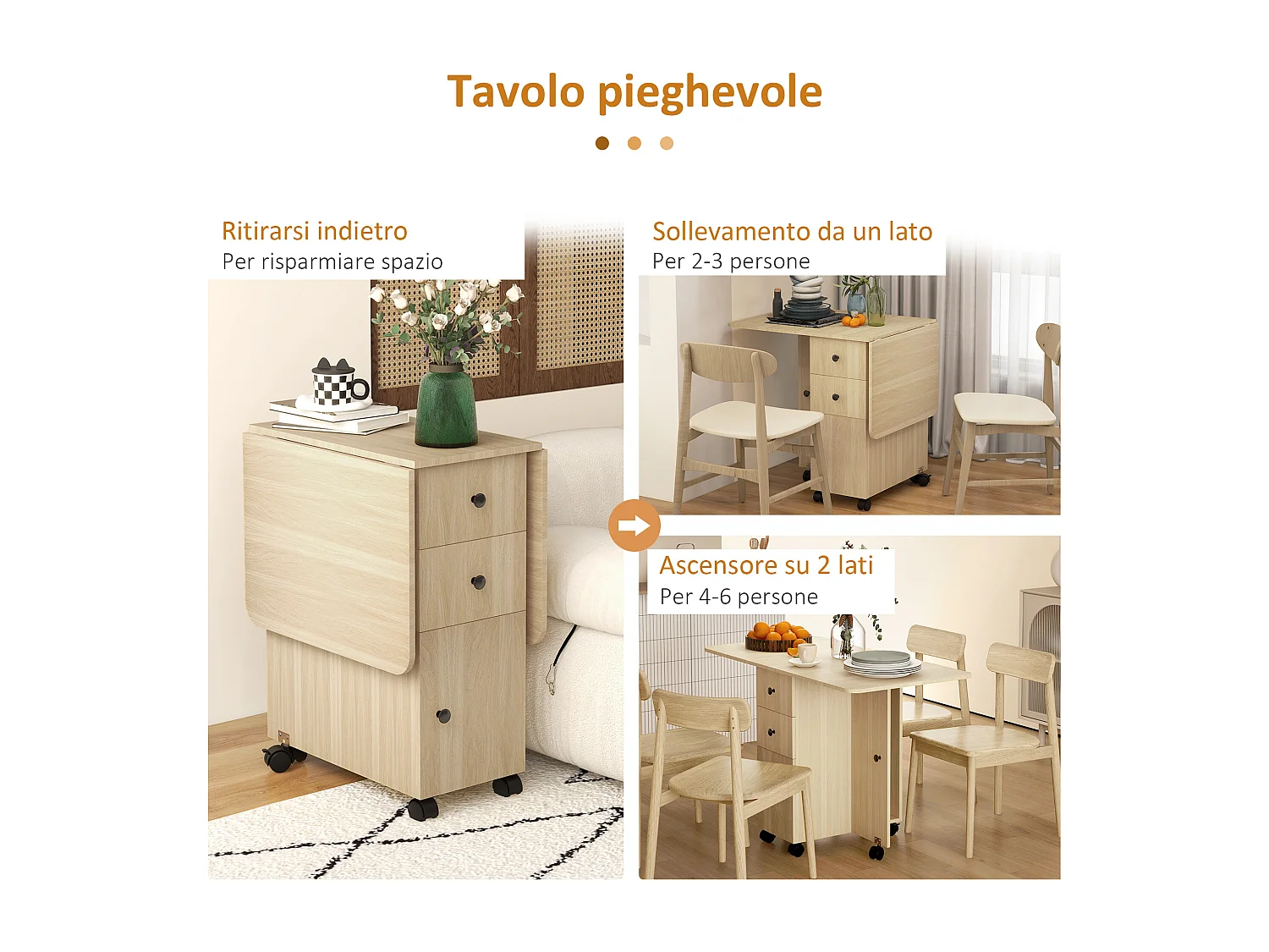 Tavolo pieghevole con 2 cassetti e armadietto color legno