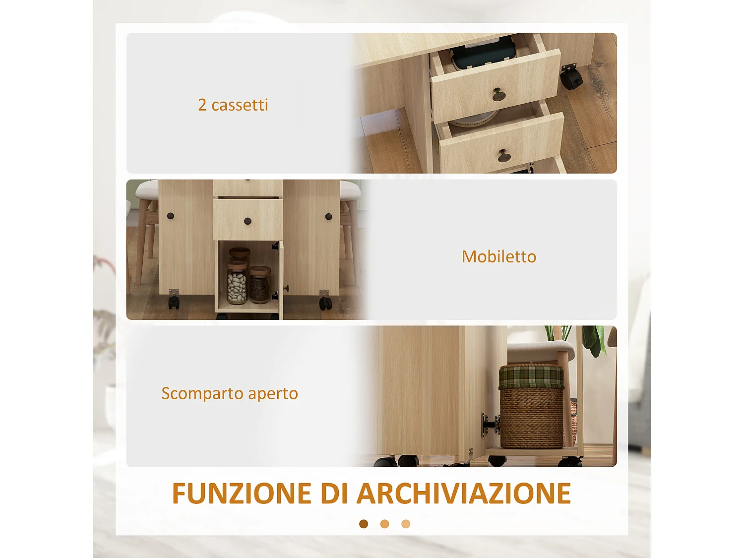 Tavolo pieghevole con 2 cassetti e armadietto color legno