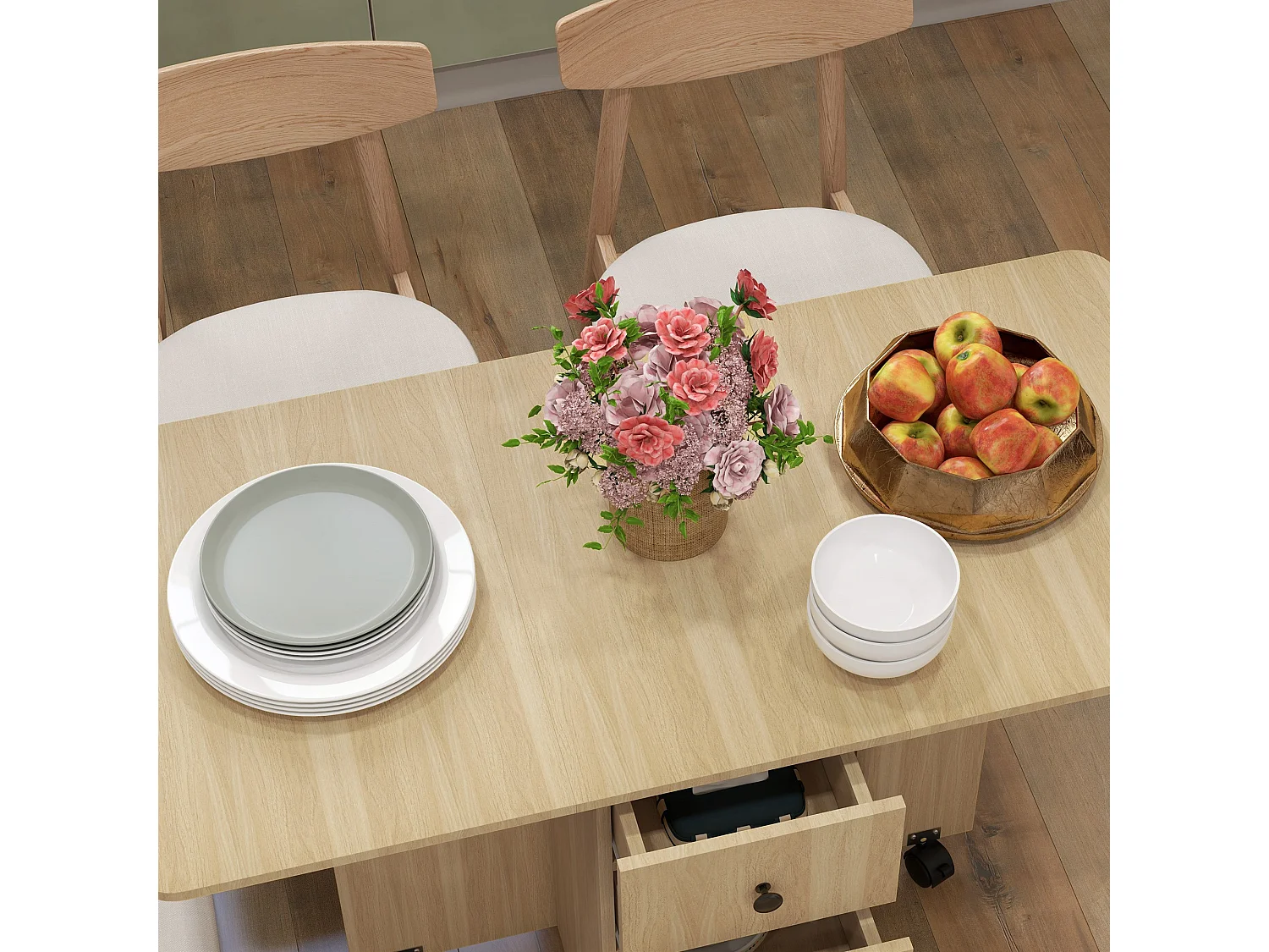 Tavolo pieghevole con 2 cassetti e armadietto color legno