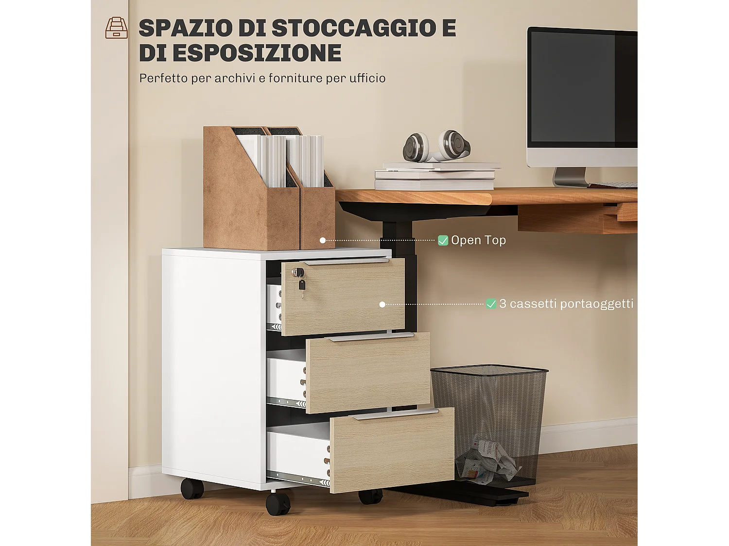 Schedario da ufficio con 3 cassetti e serratura bianco e rovere