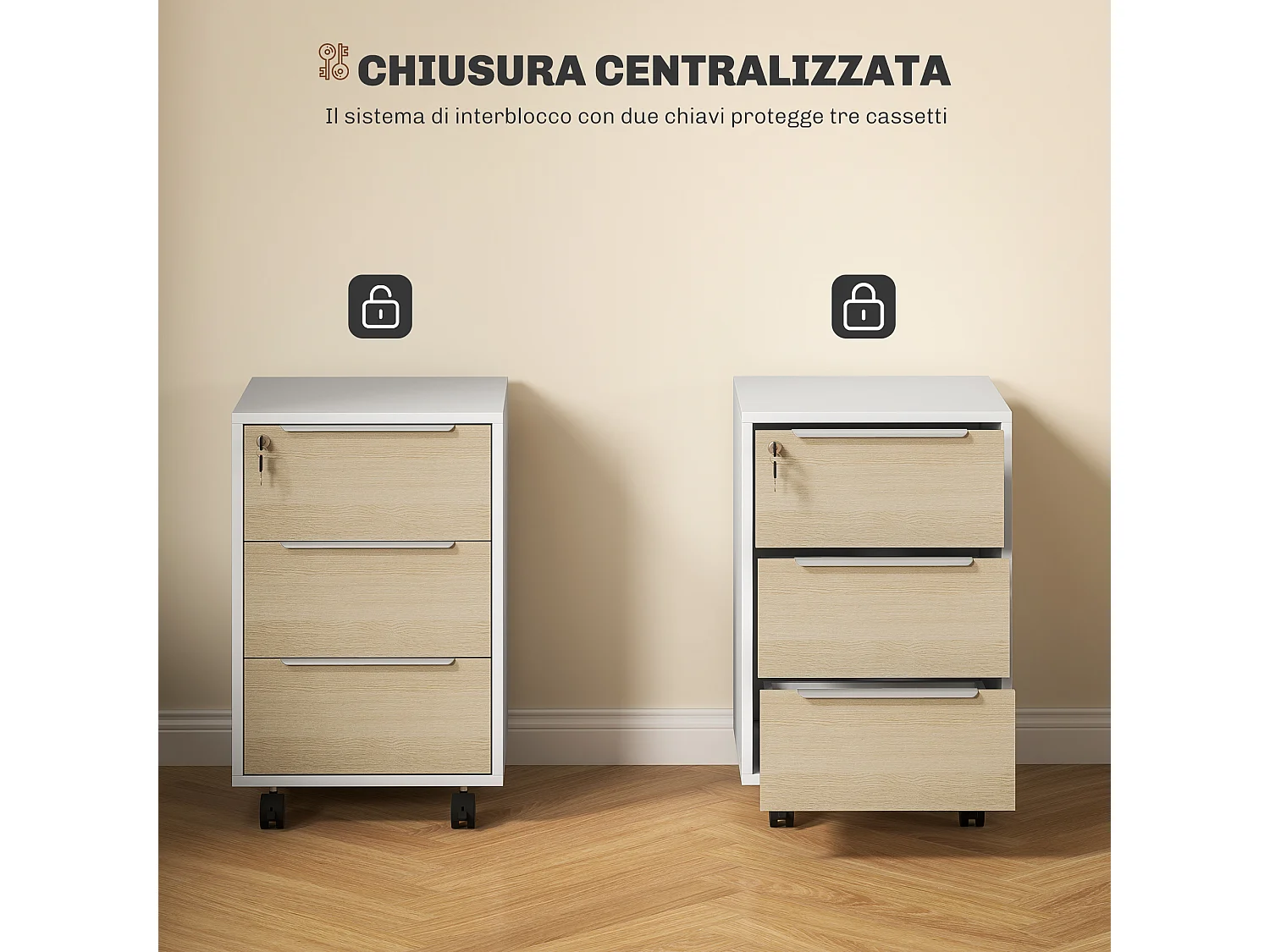 Schedario da ufficio con 3 cassetti e serratura bianco e rovere