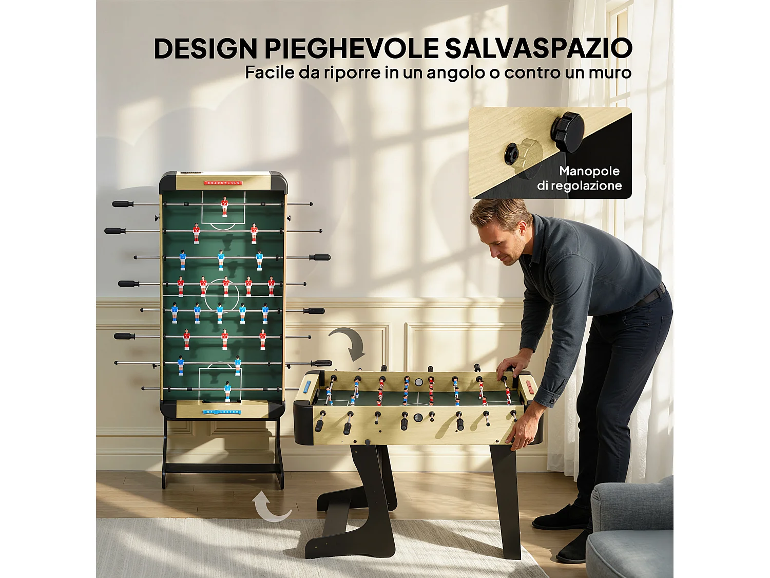 Calcio balilla pieghevole con impugnature antiscivolo verde e legno