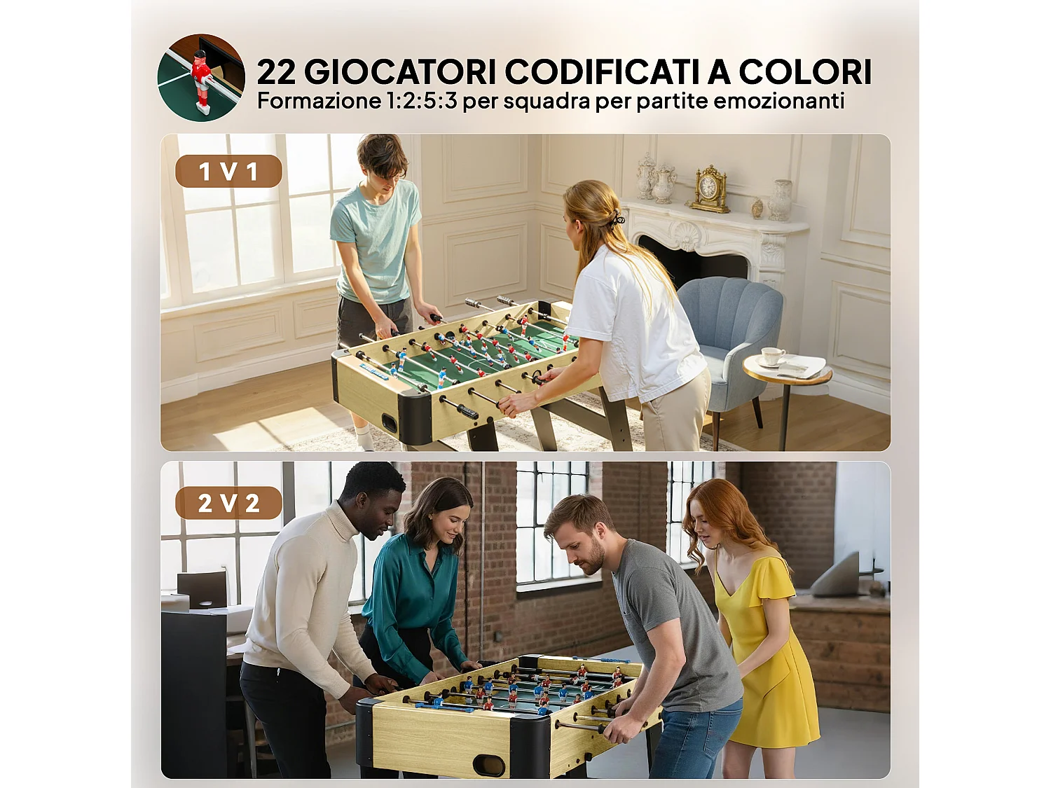 Calcio balilla pieghevole con impugnature antiscivolo verde e legno