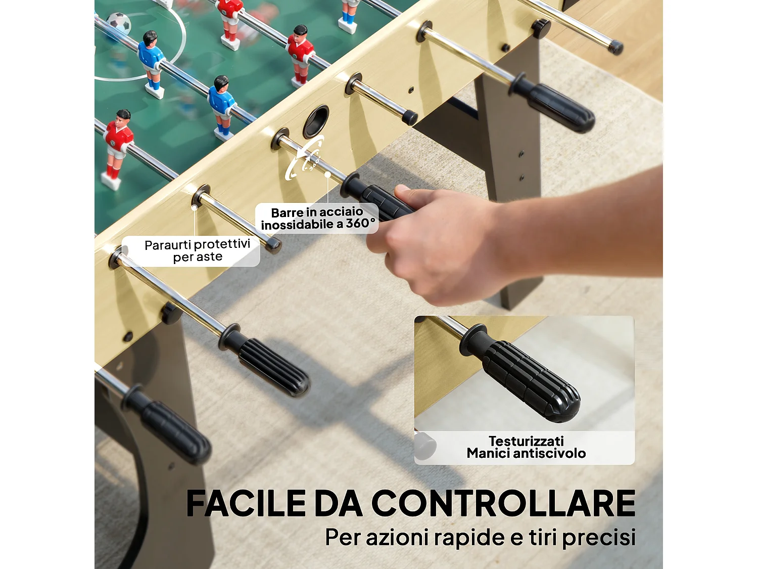 Calcio balilla pieghevole con impugnature antiscivolo verde e legno