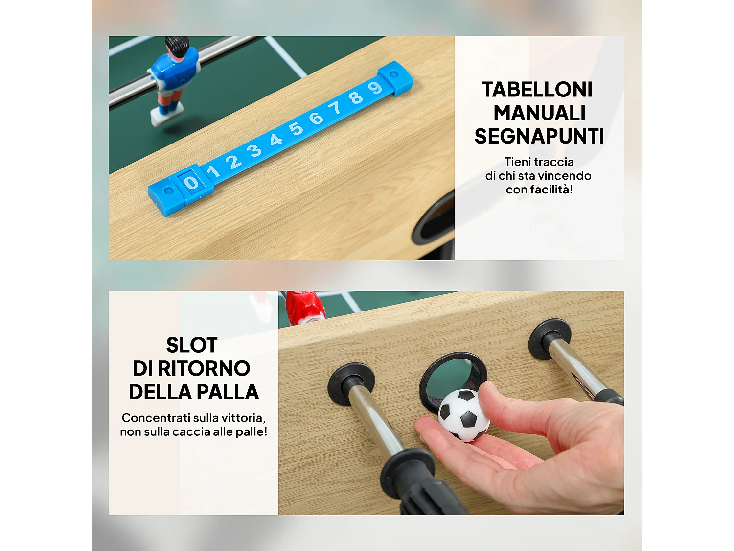 Calcio balilla pieghevole con impugnature antiscivolo verde e legno