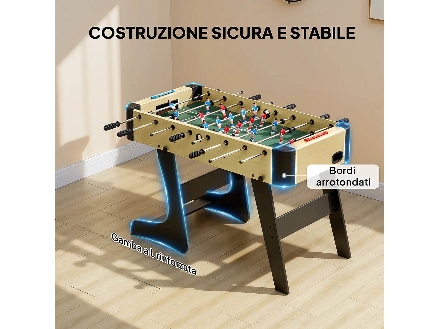 Calcio balilla pieghevole con impugnature antiscivolo verde e legno