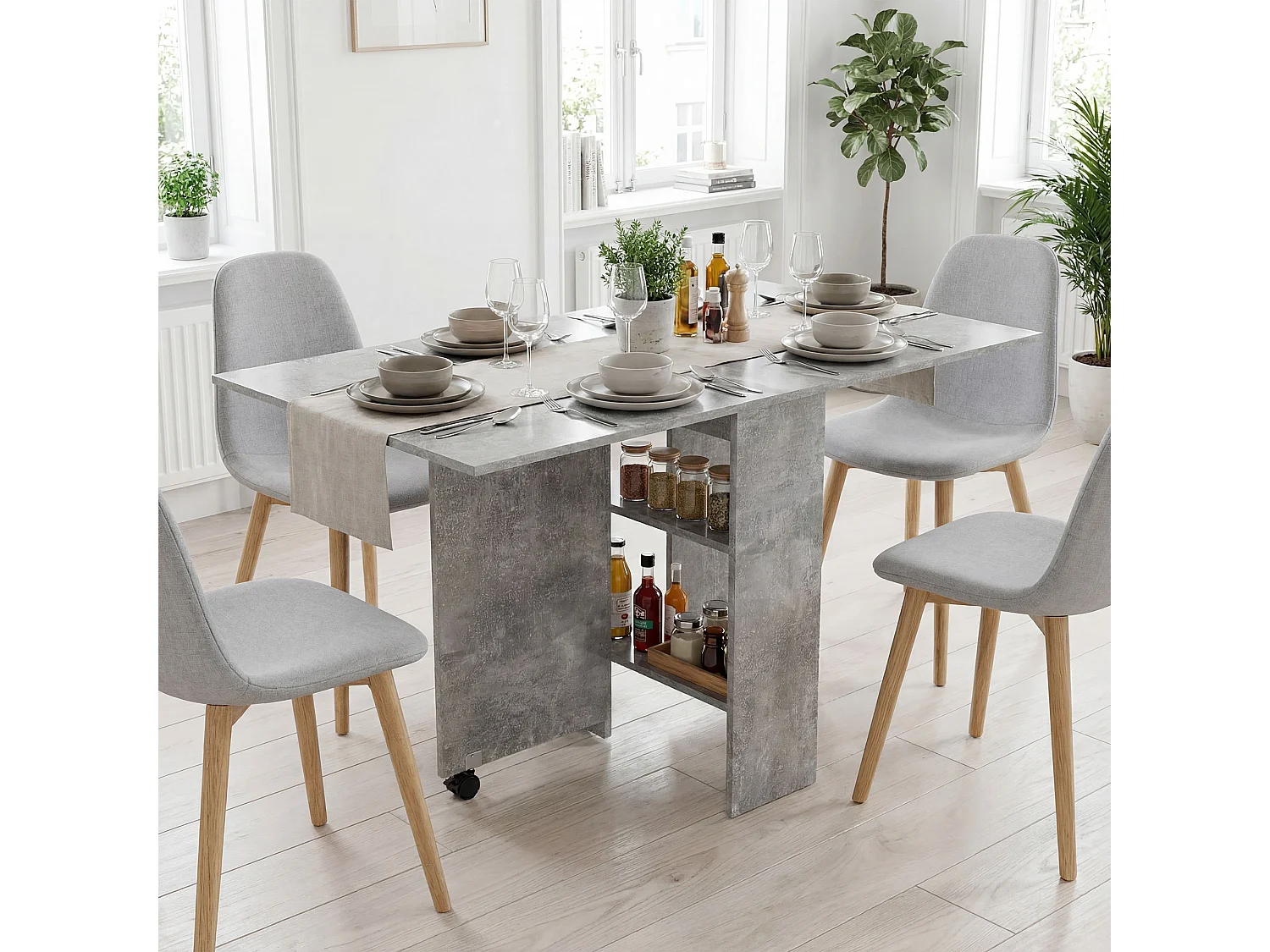 Tavolo da pranzo a ribalta in legno grigio cemento