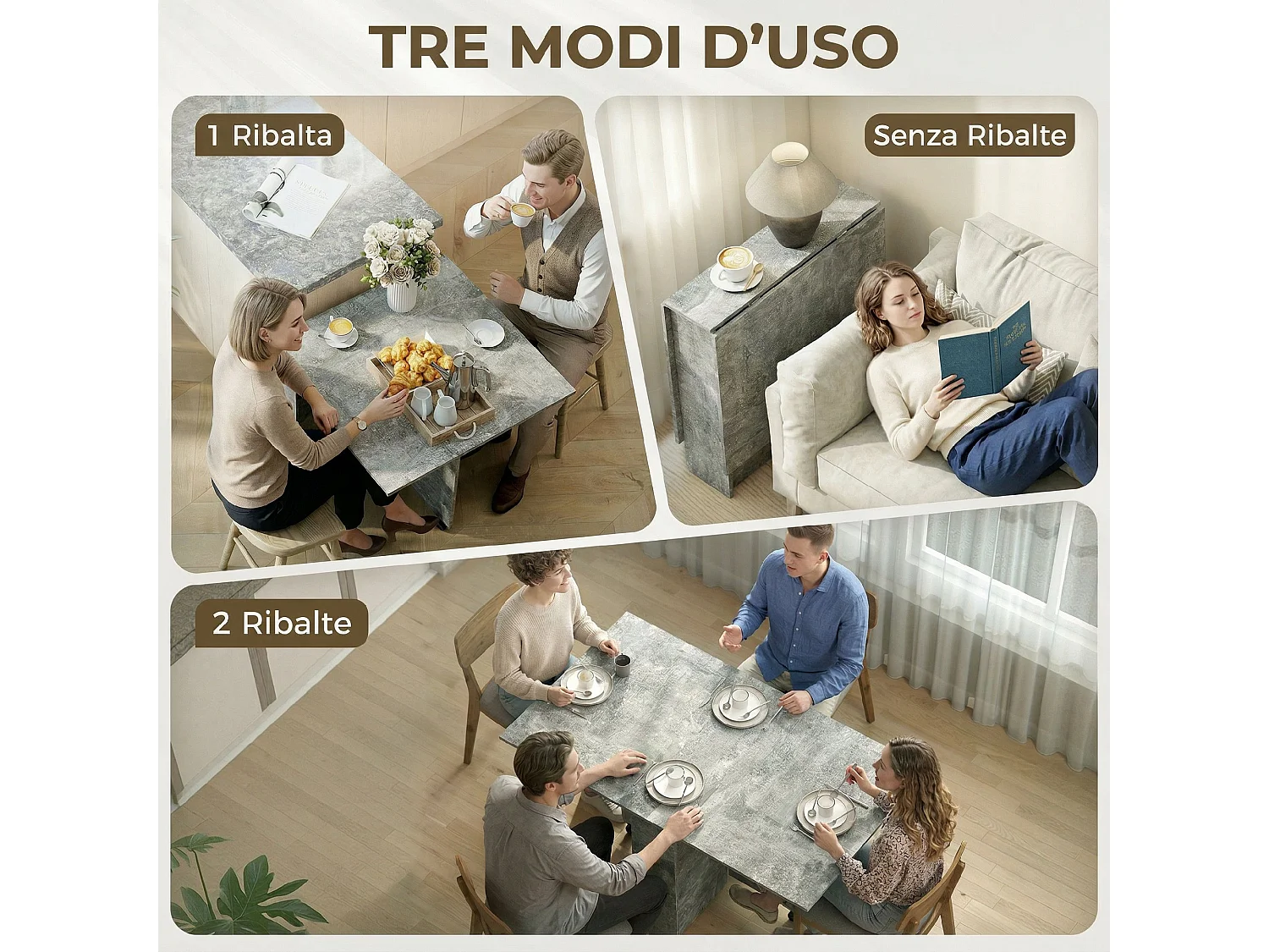 Tavolo da pranzo a ribalta in legno grigio cemento