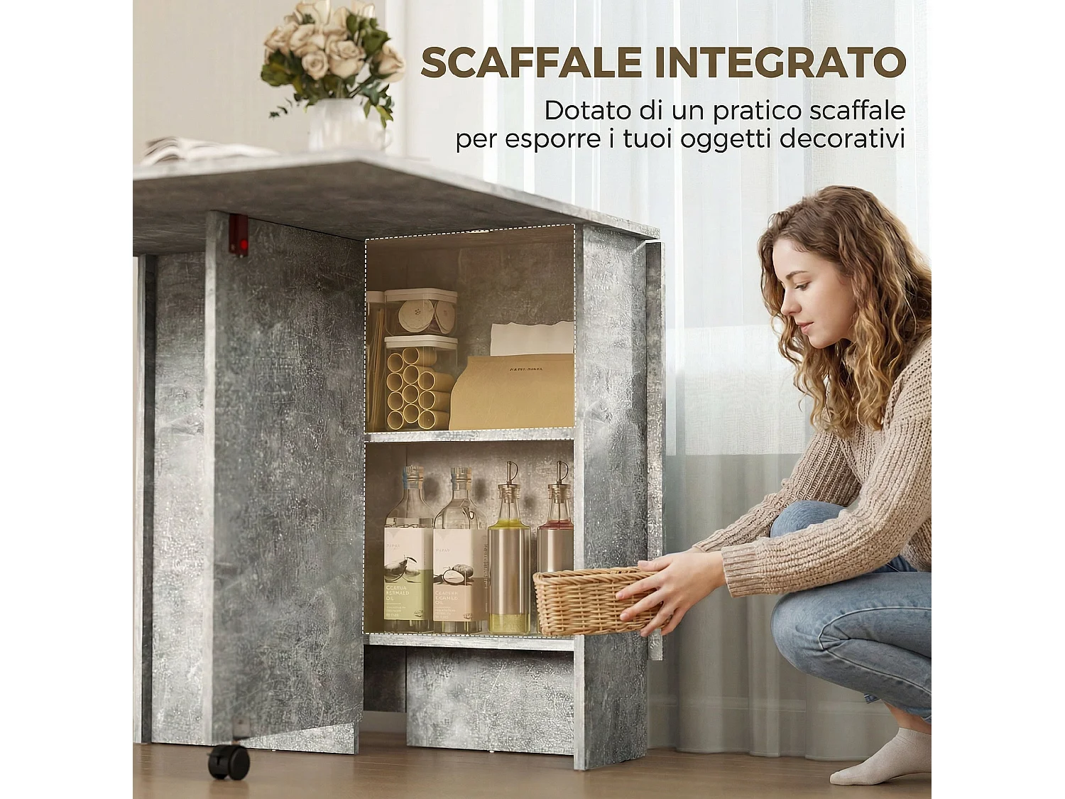 Tavolo da pranzo a ribalta in legno grigio cemento