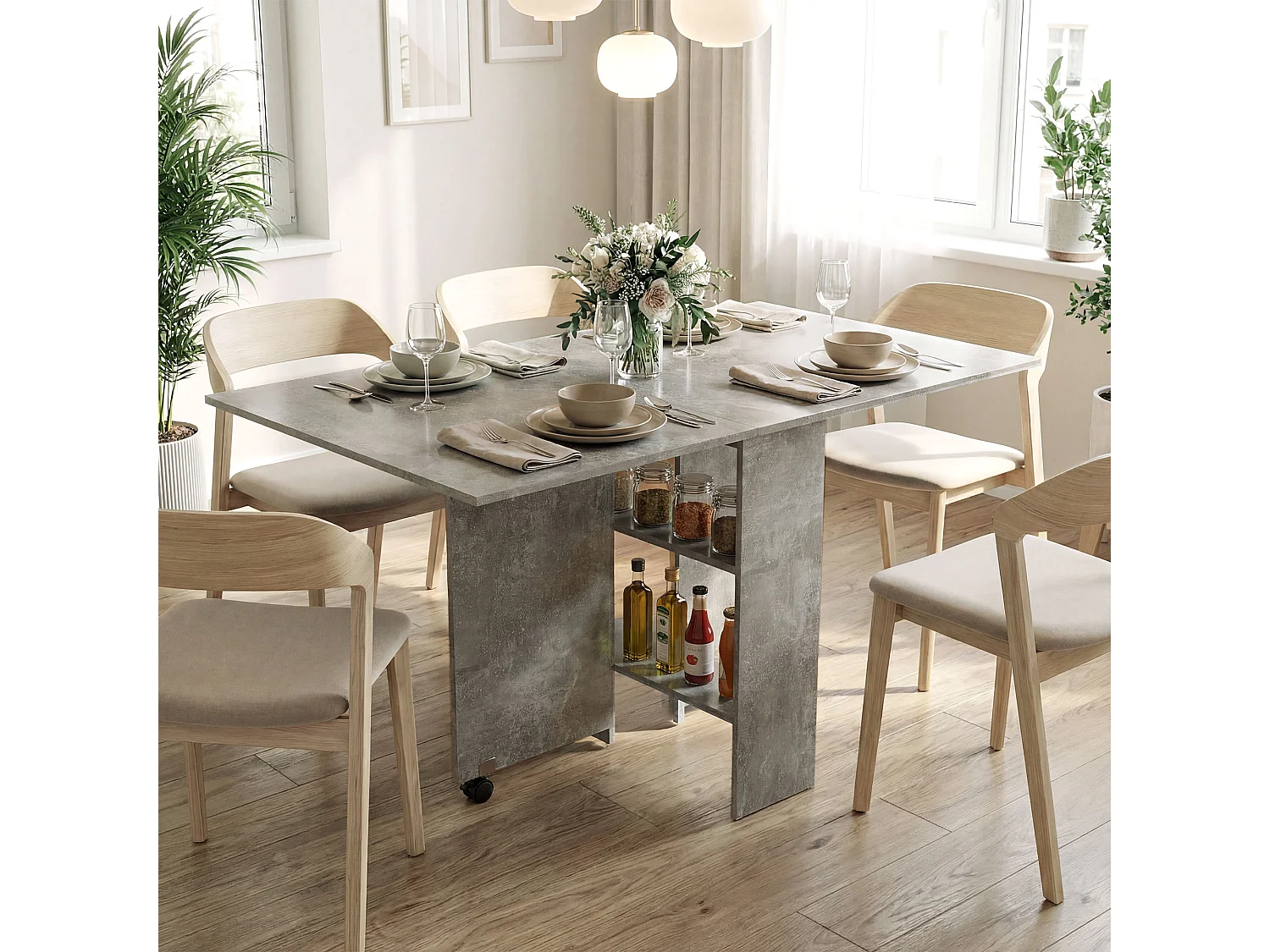 Tavolo da pranzo a ribalta in legno grigio cemento