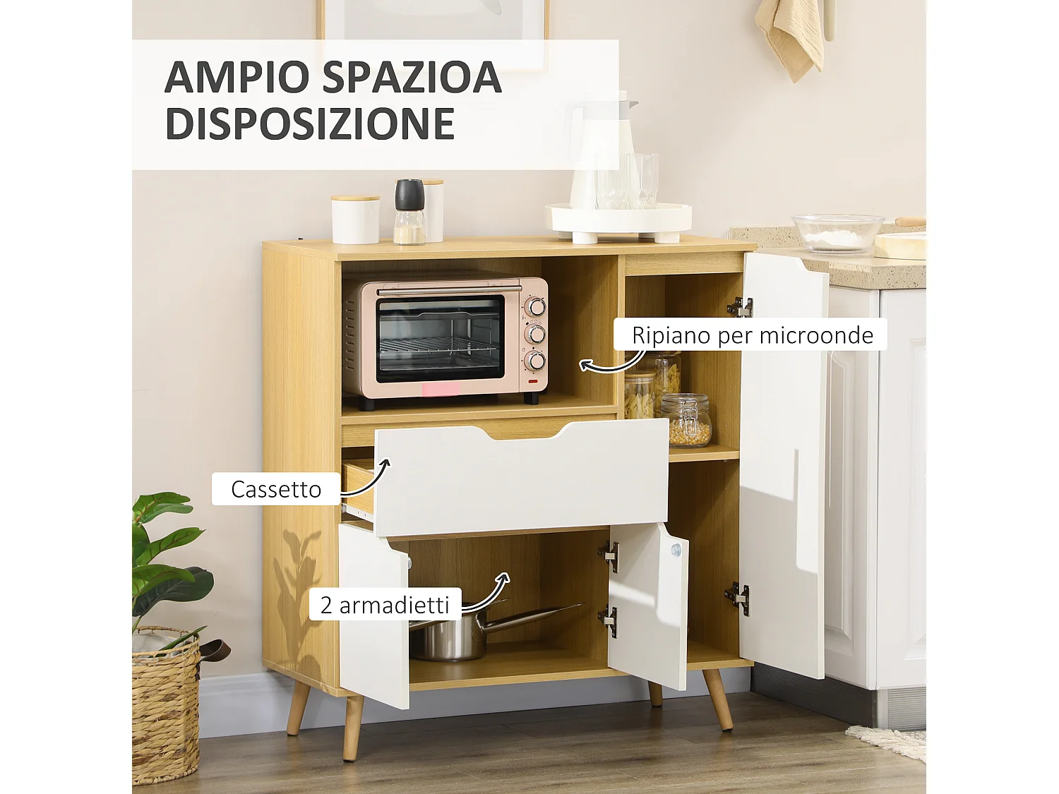 Mobile per microonde ripiano aperto e armadietti in truciolato