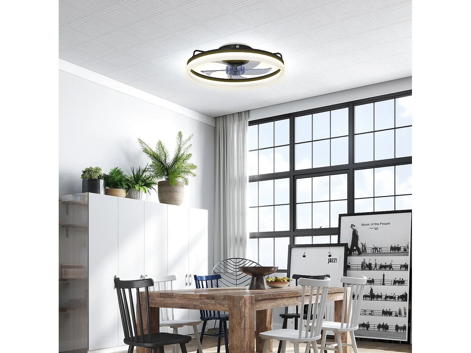 Ventilatore da soffitto led con timer in acciaio e plastica nero