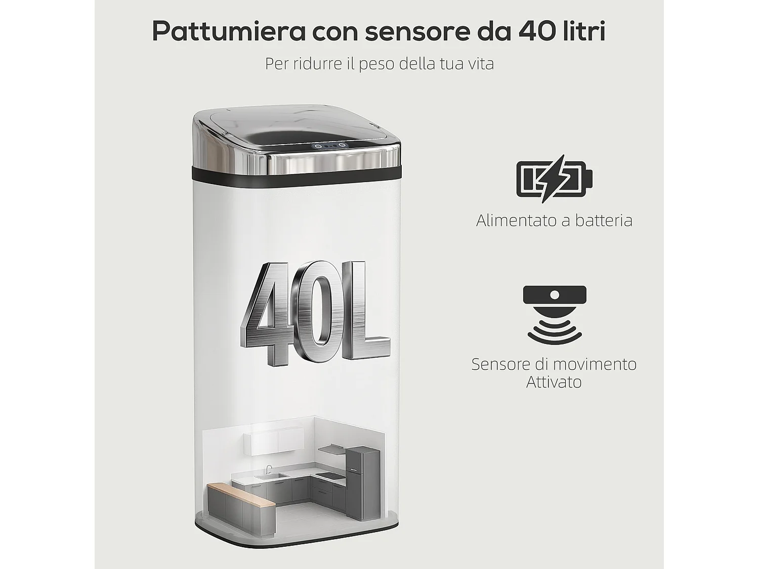 Bidone per rifiuti da 40 litri con apertura e chiusura automatica